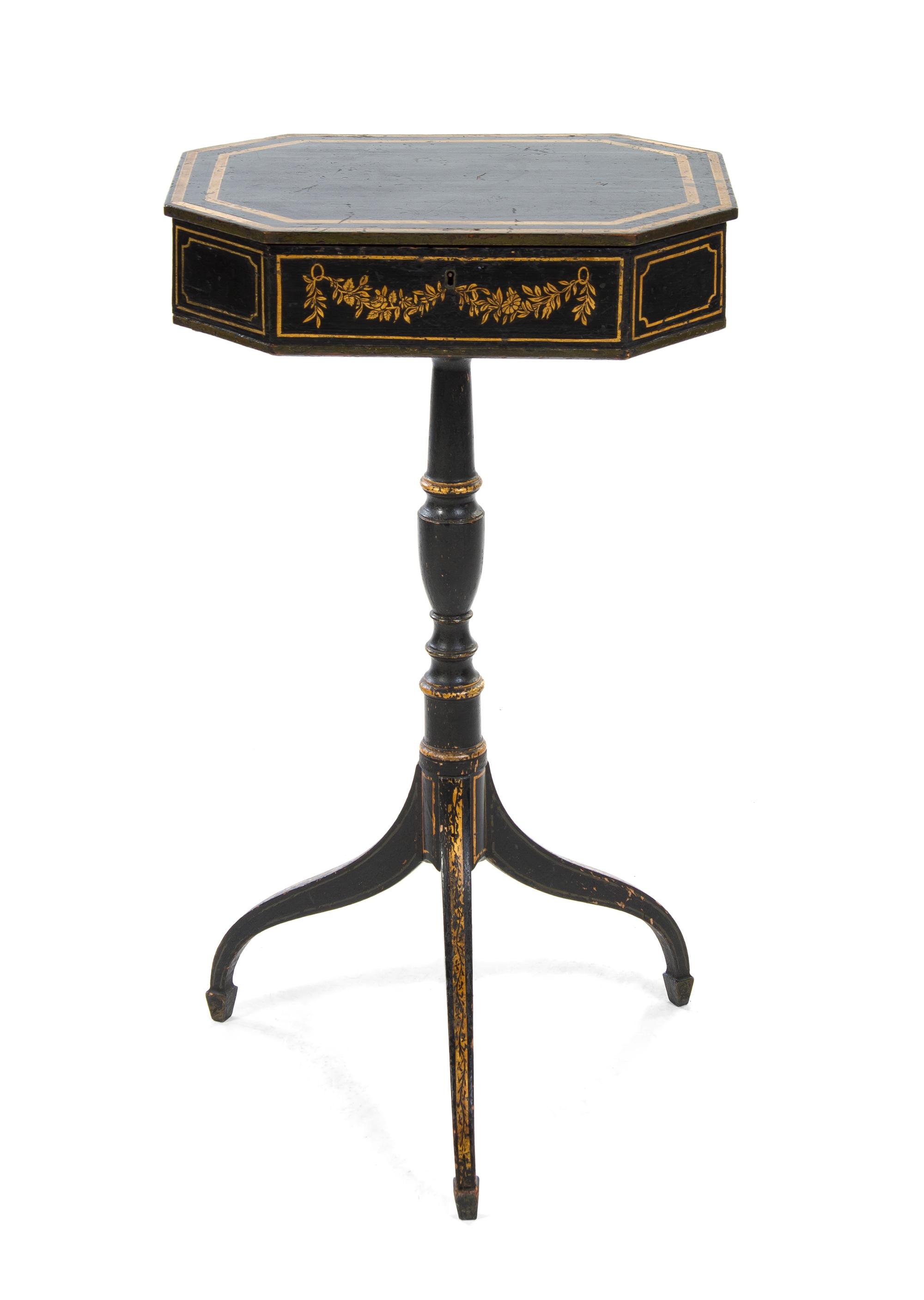 A Regency Painted Sewing Box on Stand, Height 29 x width 16 x depth 12 3/4 inches.