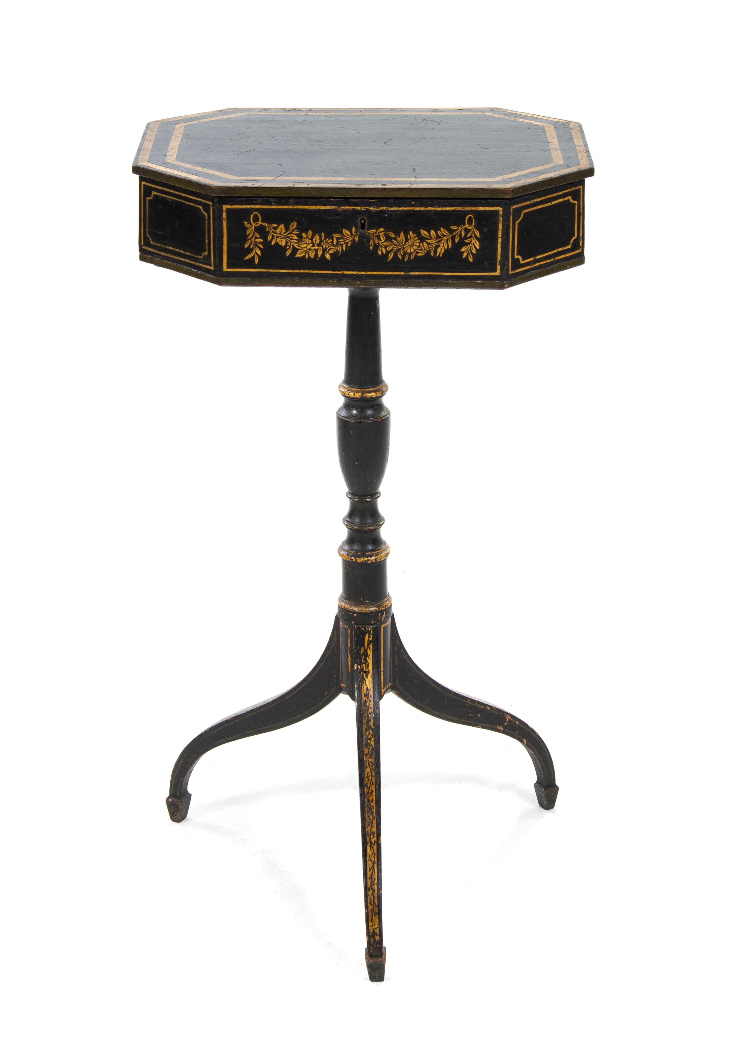A Regency Painted Sewing Box on Stand, Height 29 x width 16 x depth 12 3/4 inches.