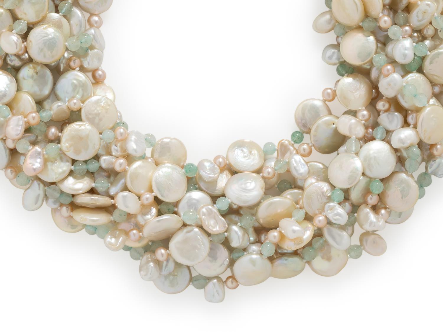 MISH, CULTURED PEARL AND AVENTURINE QUARTZ TORSADE NECKLACE