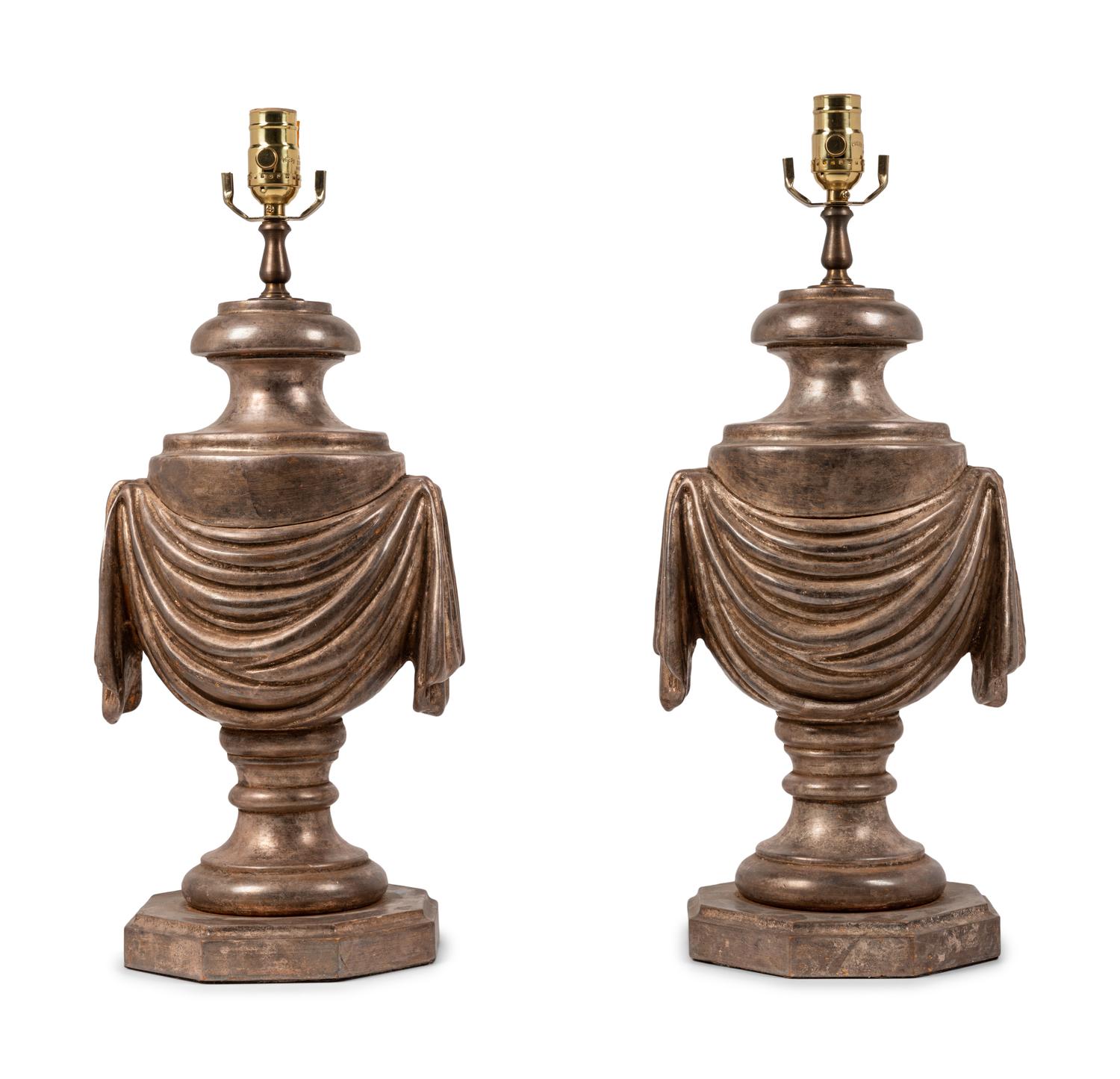 A Pair of Silvered Carved Wood Urns Mounted as Lamps