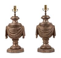 A Pair of Silvered Carved Wood Urns Mounted as Lamps