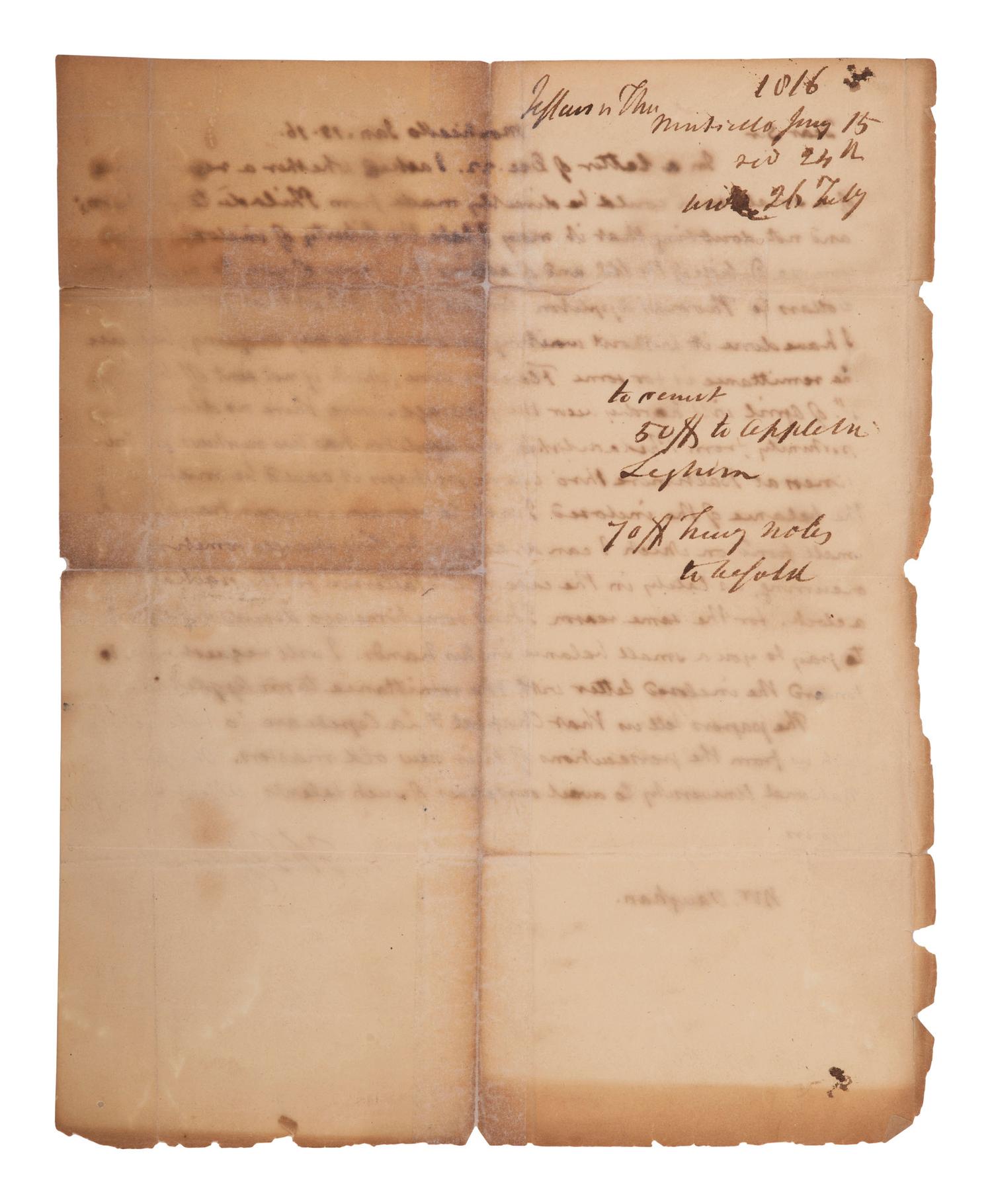 JEFFERSON, Thomas (1743-1826). Autograph letter signed ("Th. Jefferson"), to John Vaughan (1756-1841). Monticello, 15 January 1816. 1 page, 4to, docketing to verso, toning and separations at old creases, with neat tissue repairs to verso.