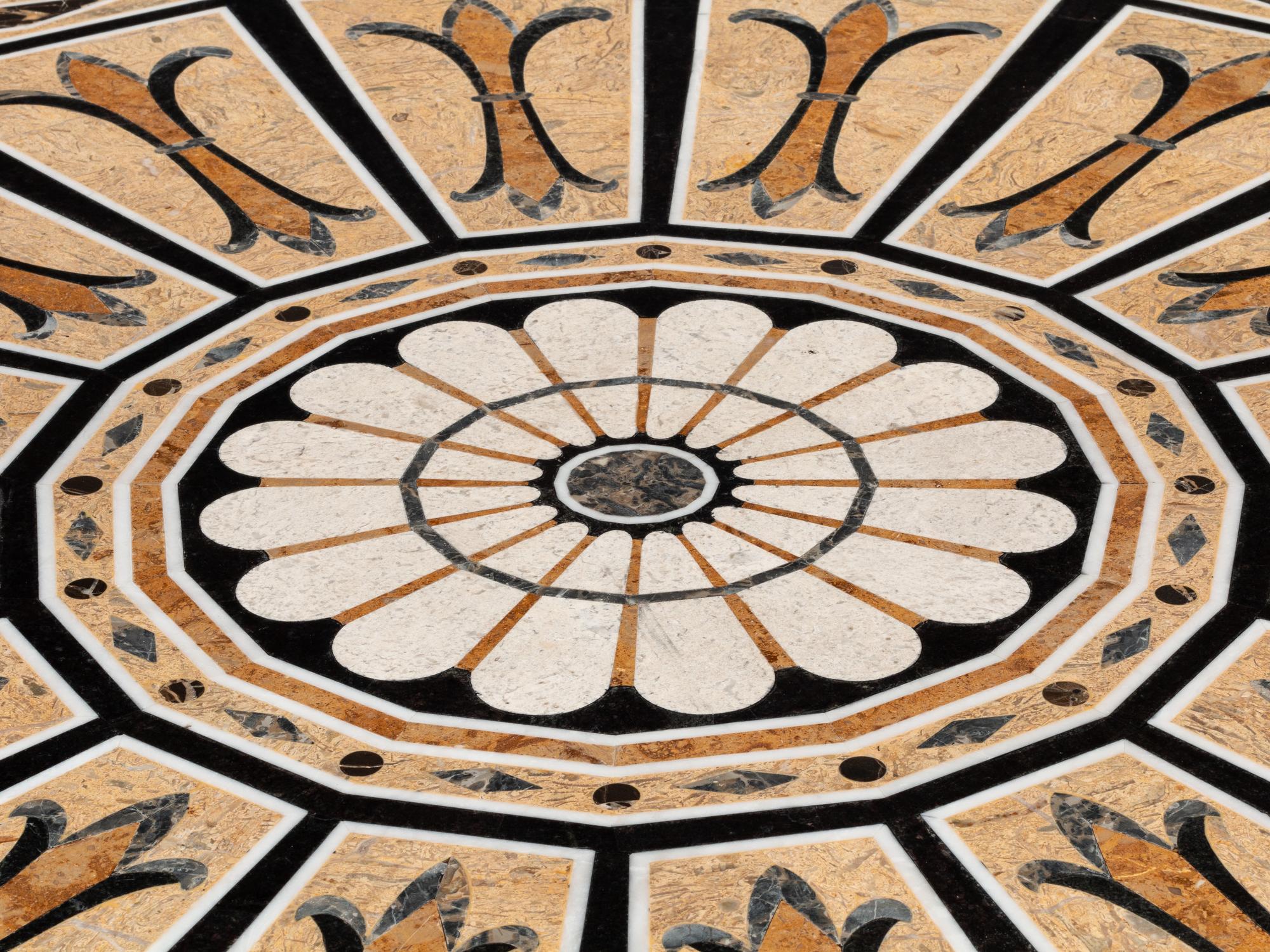 A Continental Black-Painted and Parcel Gilt Inlaid Marble-Top Center Table