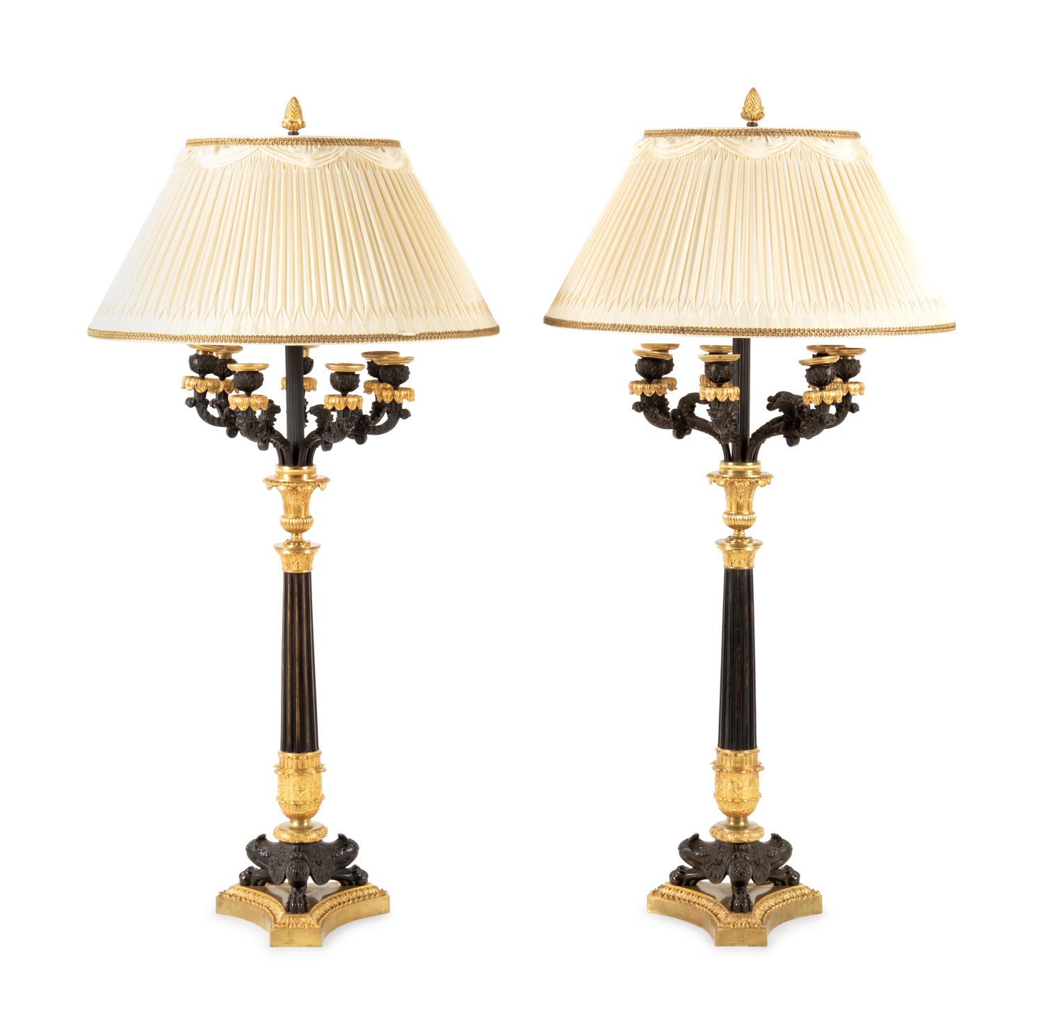A Pair of Charles X Gilt and Patinated Bronze Seven-Light Candelabra