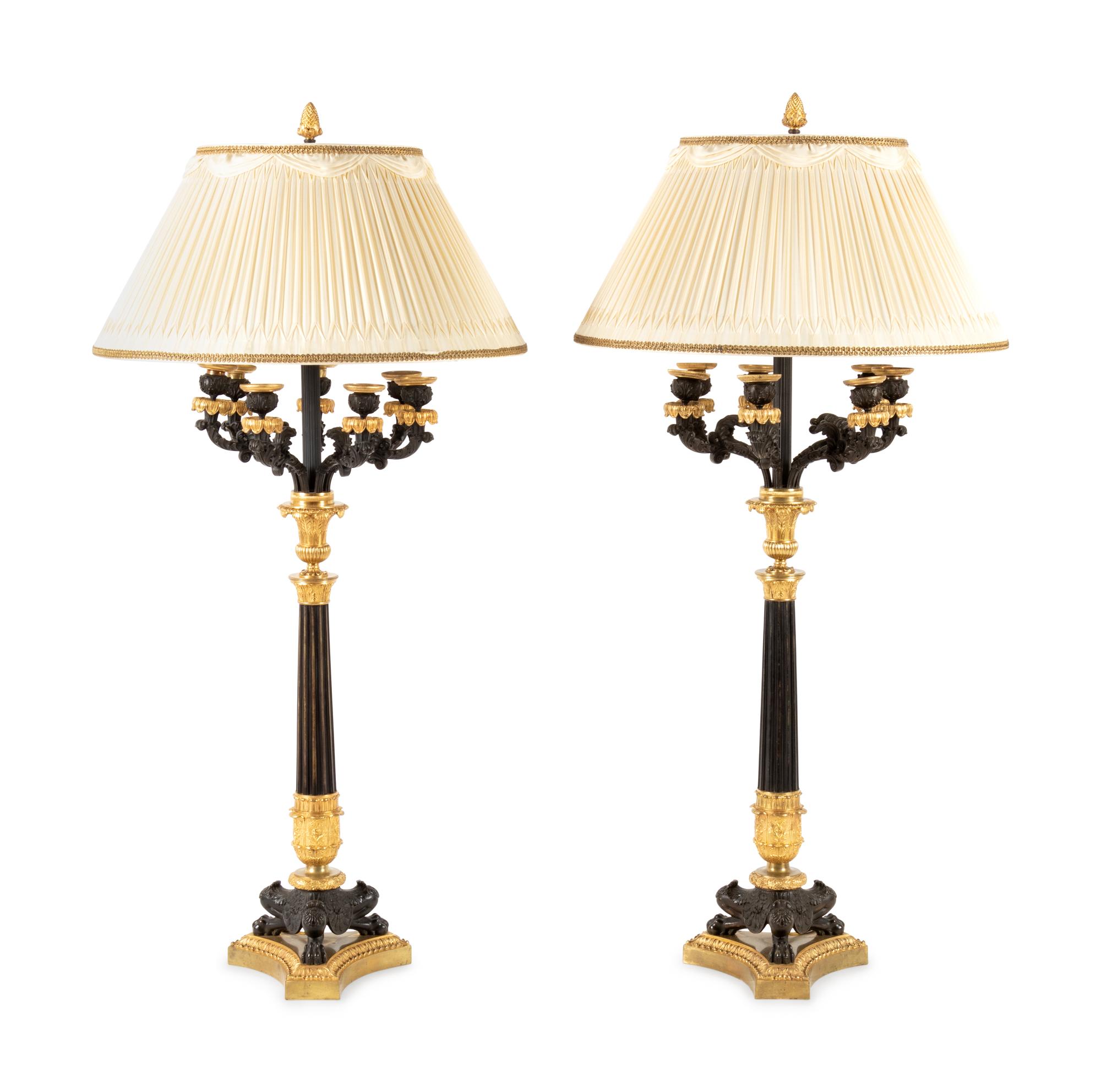 A Pair of Charles X Gilt and Patinated Bronze Seven-Light Candelabra