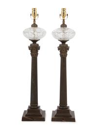 A Pair of Continental Gilt Metal and Cut Glass Fluid Lamps Converted to Electricity