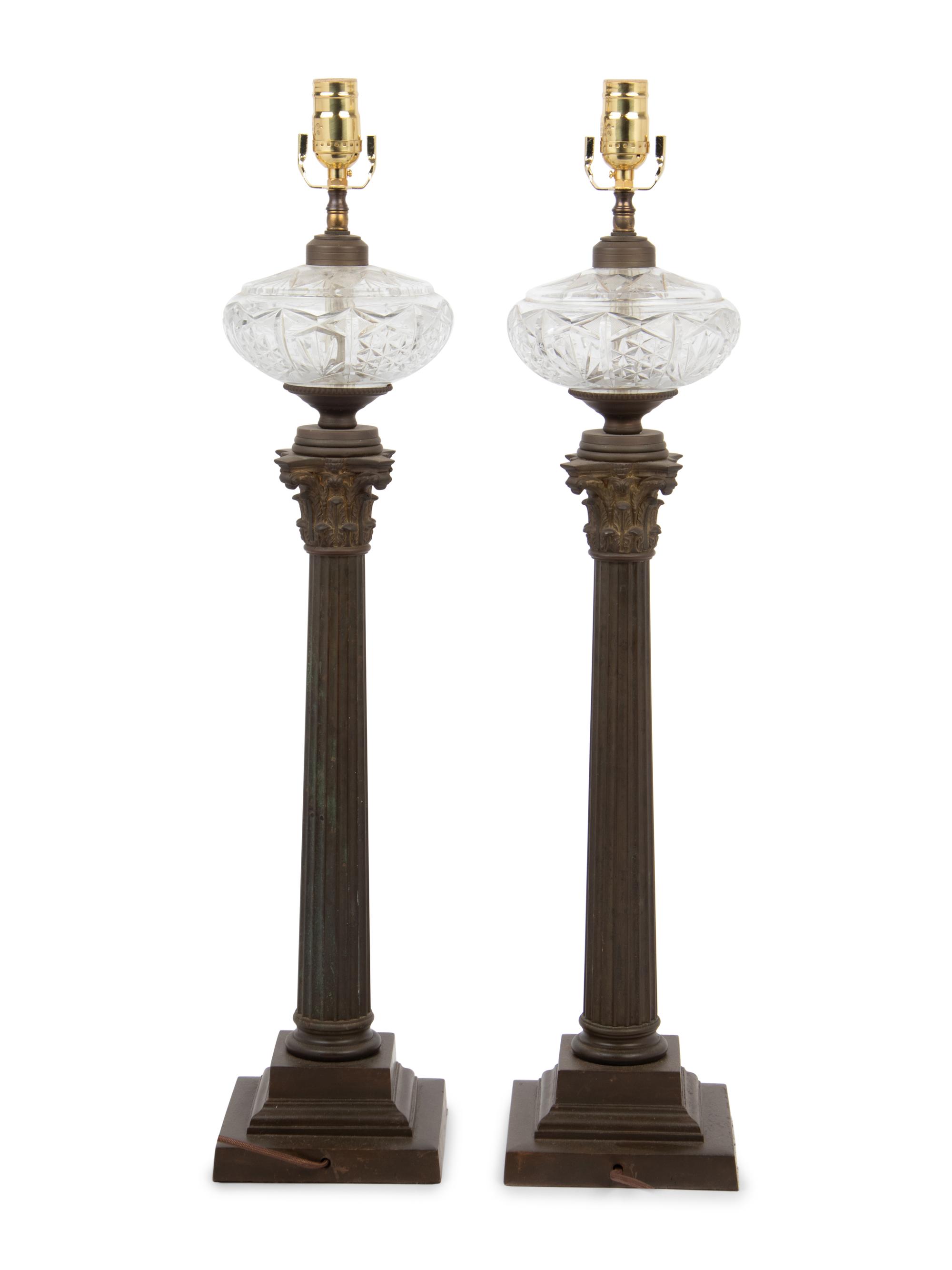 A Pair of Continental Gilt Metal and Cut Glass Fluid Lamps Converted to Electricity