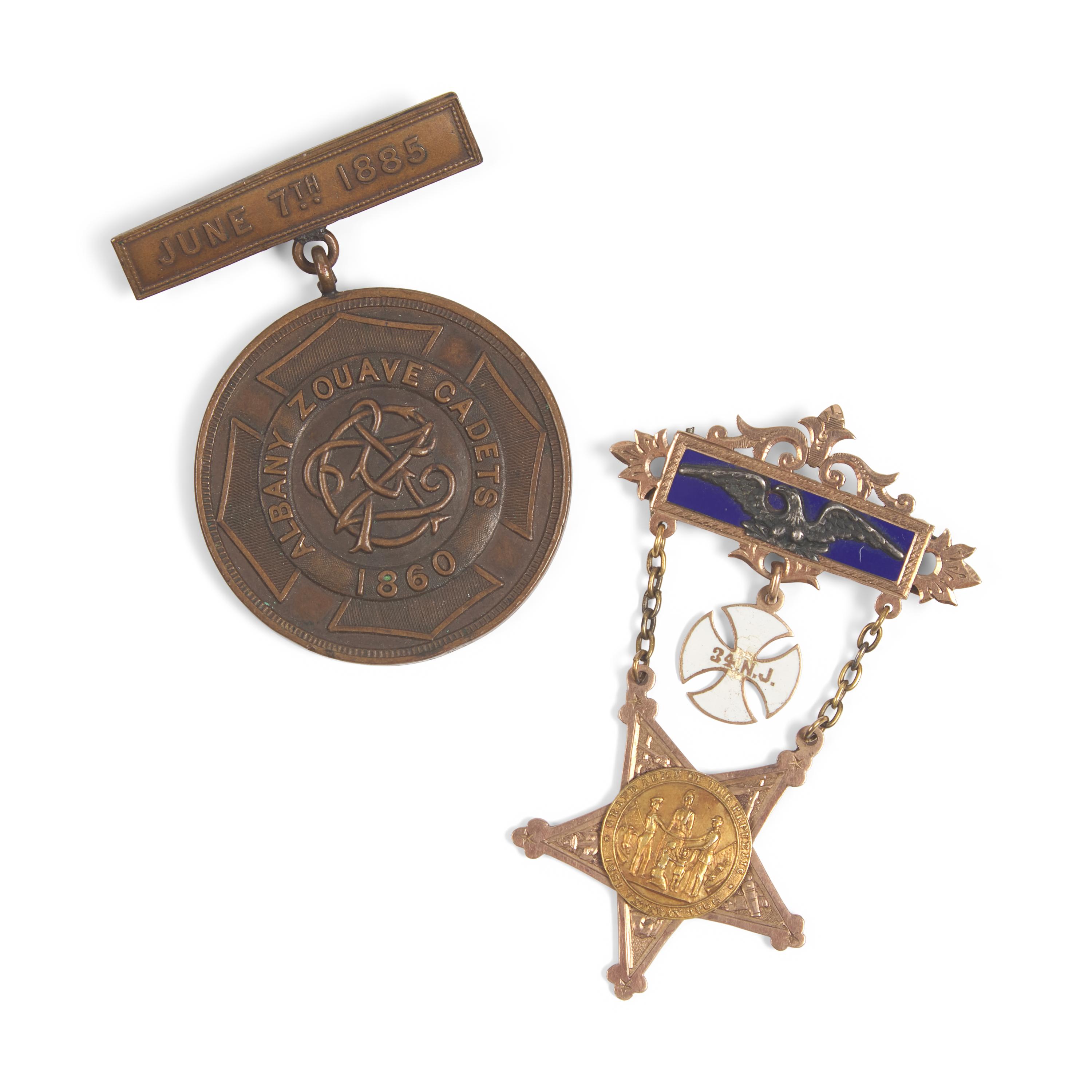 [Civil War] Assortment of service medals, badges, and other artifacts, including Albany Zouave Cadet and N.Y. National Guard badges