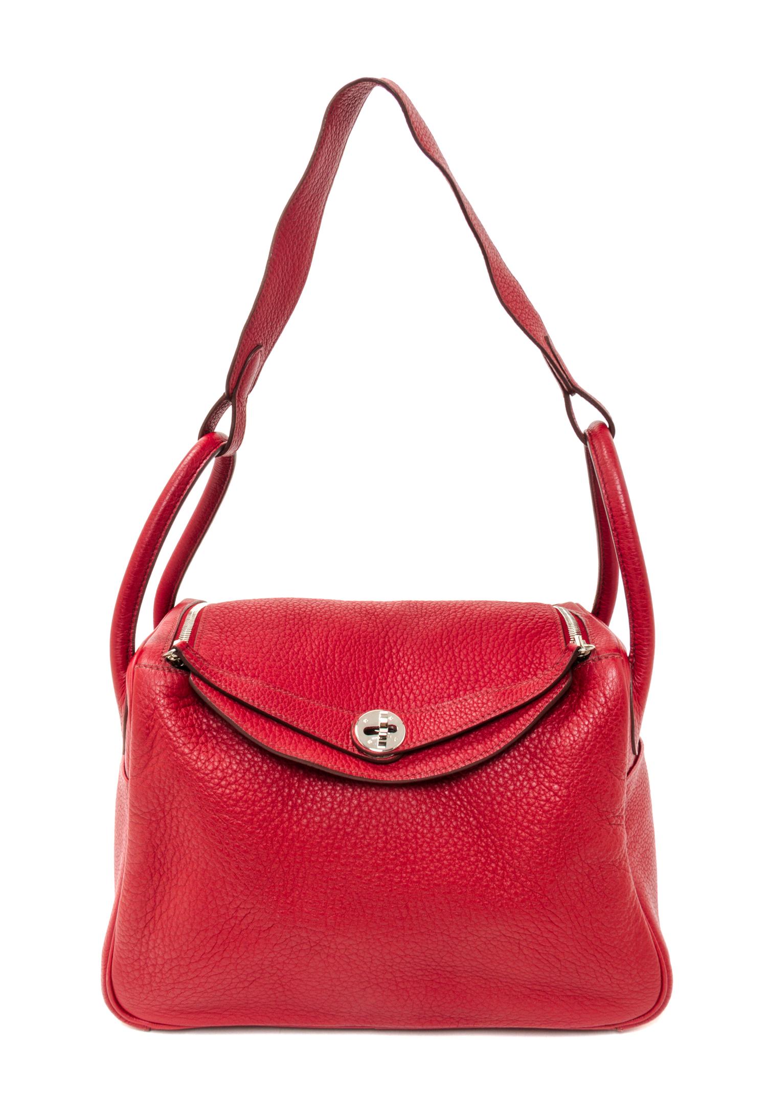 An Hermes Rouge Garance Taurillon Clemence Lindy 30 Handbag, 12" x 7.5" x 6.5".
