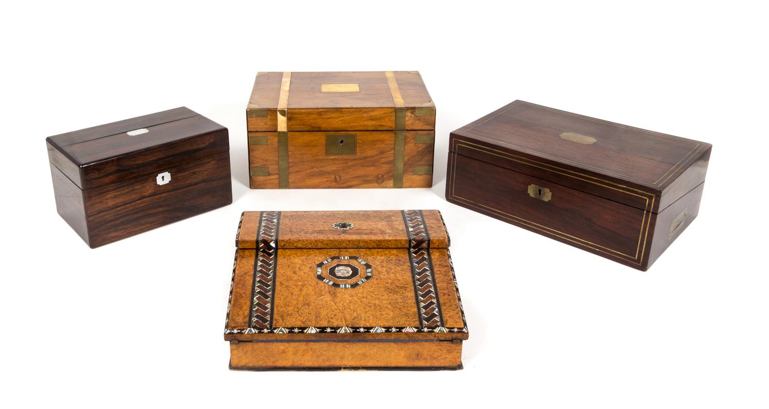 Four English Burlwood Writing Boxes