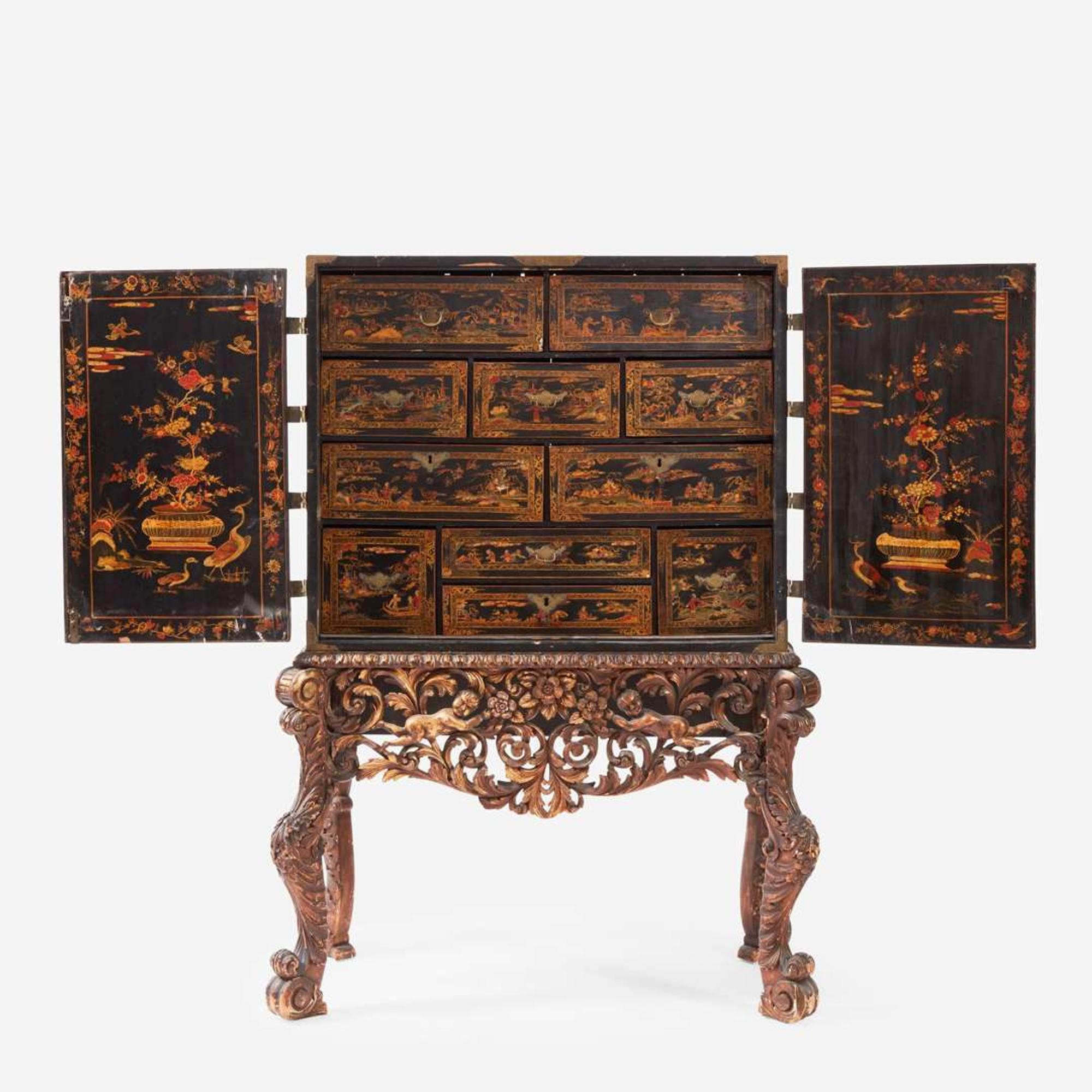 A George III Gilt Decorated Black Lacquered Cabinet on Stand late 18th century