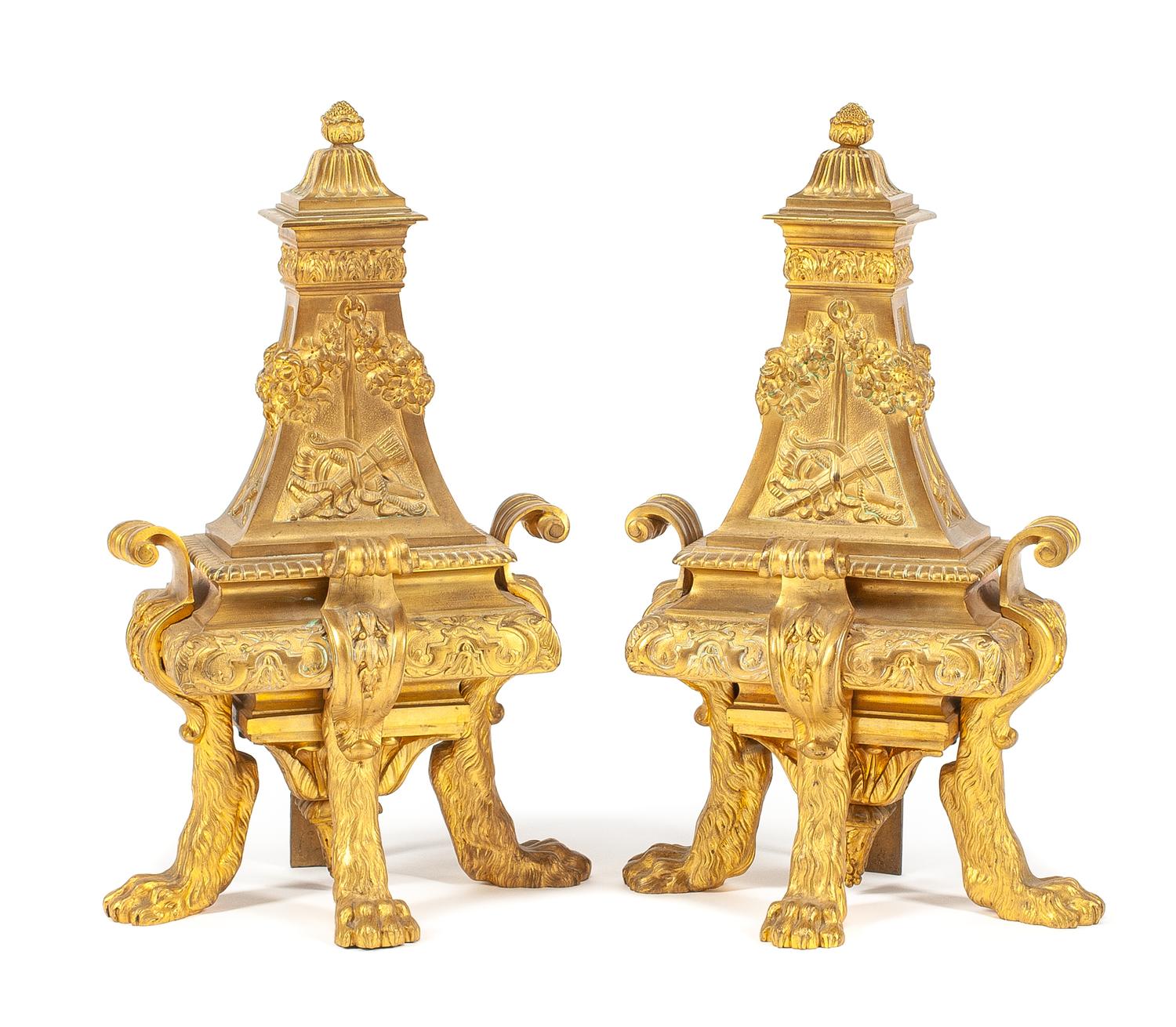 A Pair of Regence Style Gilt Bronze Chenets Height 20 1/2 inches. — 19TH CENTURY