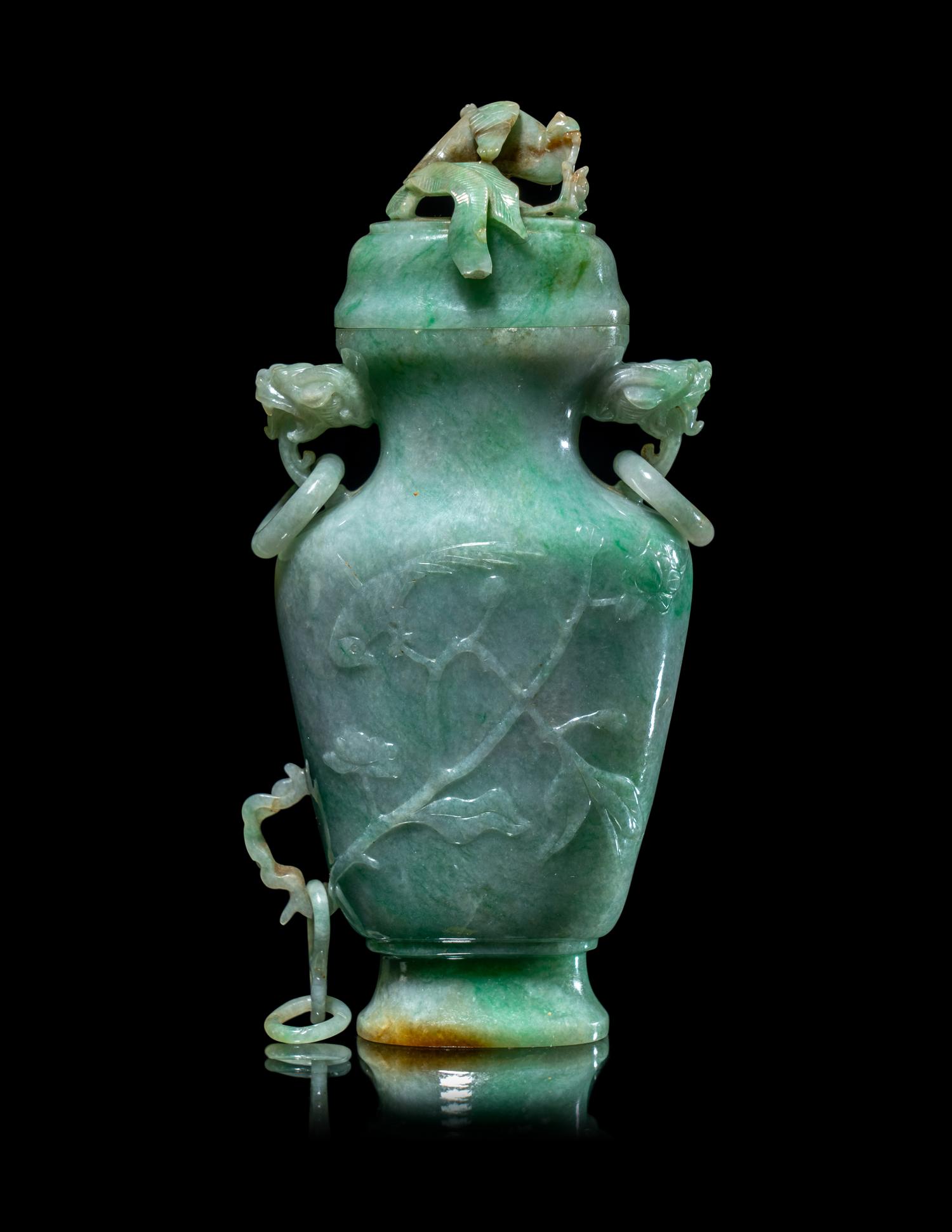 A Chinese Apple Green Jadeite Covered Vase