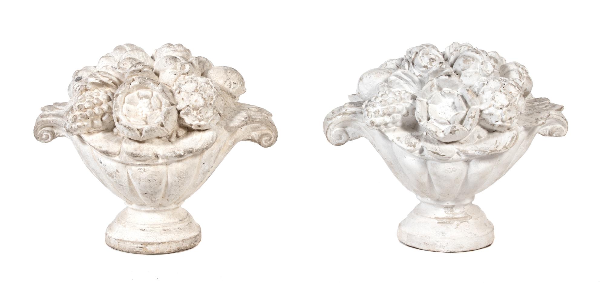 A Pair of Poured Cement Urns with Floral Arrangements Height 14 inches. — EARLY 20TH CENTURY