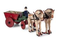 Two Carved Wood Horse-Drawn Carriages with Children's Blocks