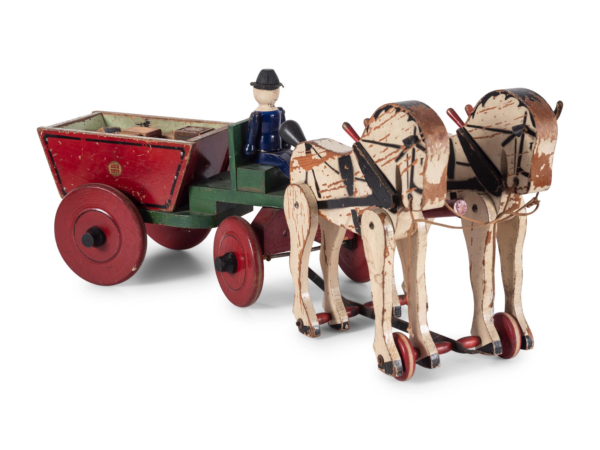 Two Carved Wood Horse-Drawn Carriages with Children's Blocks