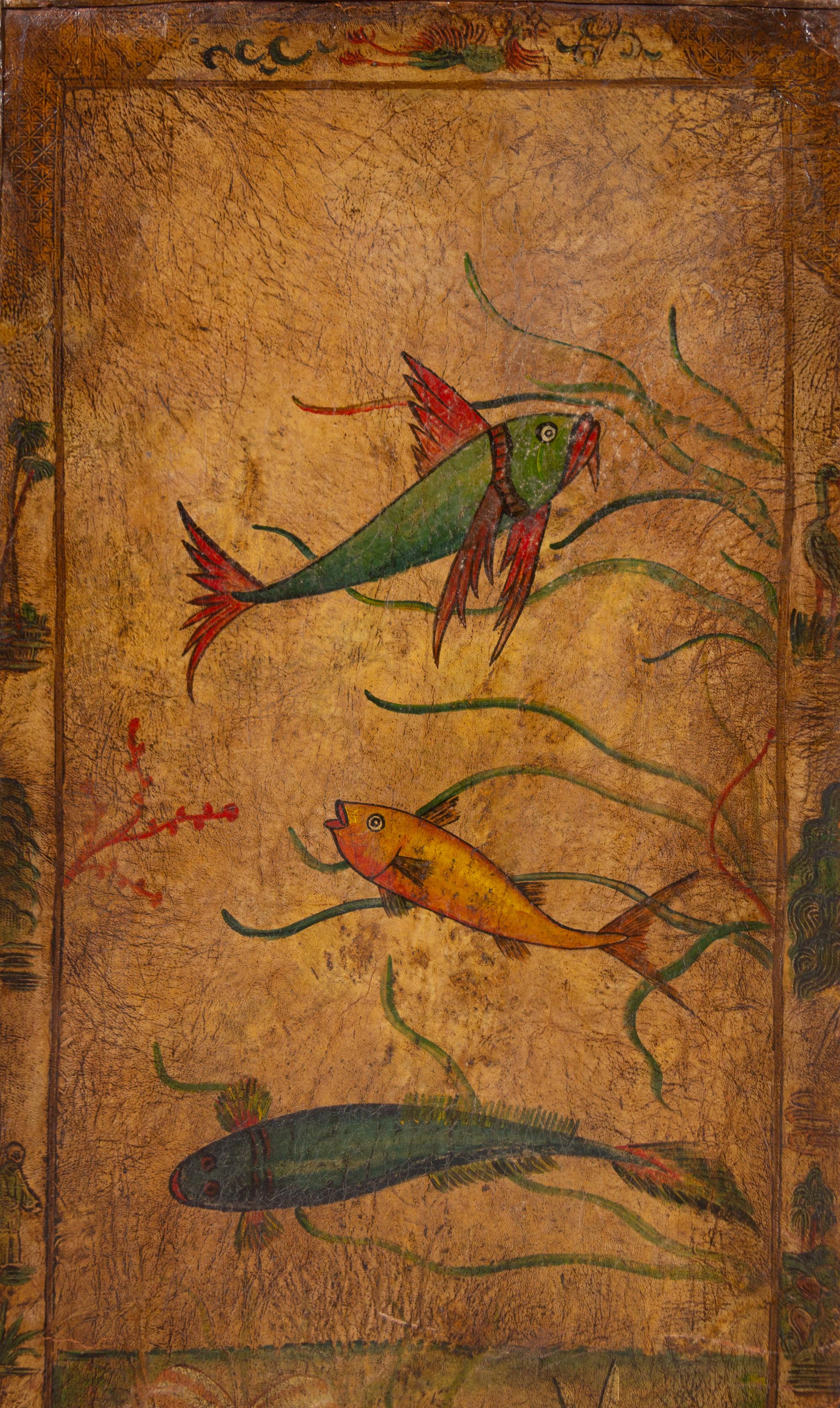 A Continental Painted Leather Six-Panel Screen Depicting Flora and Fauna