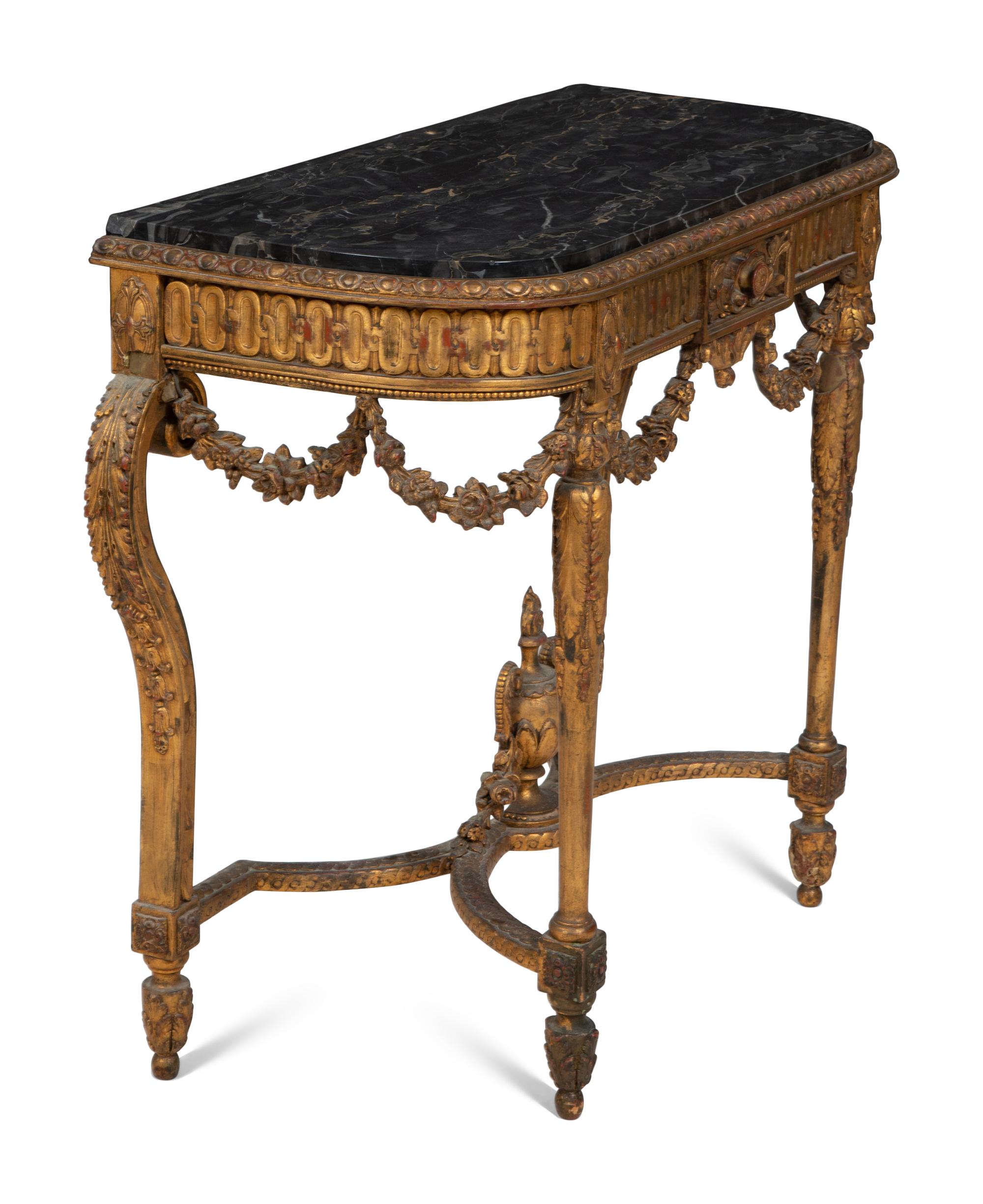 A Louis XVI Style Marble Top Giltwood Console Table