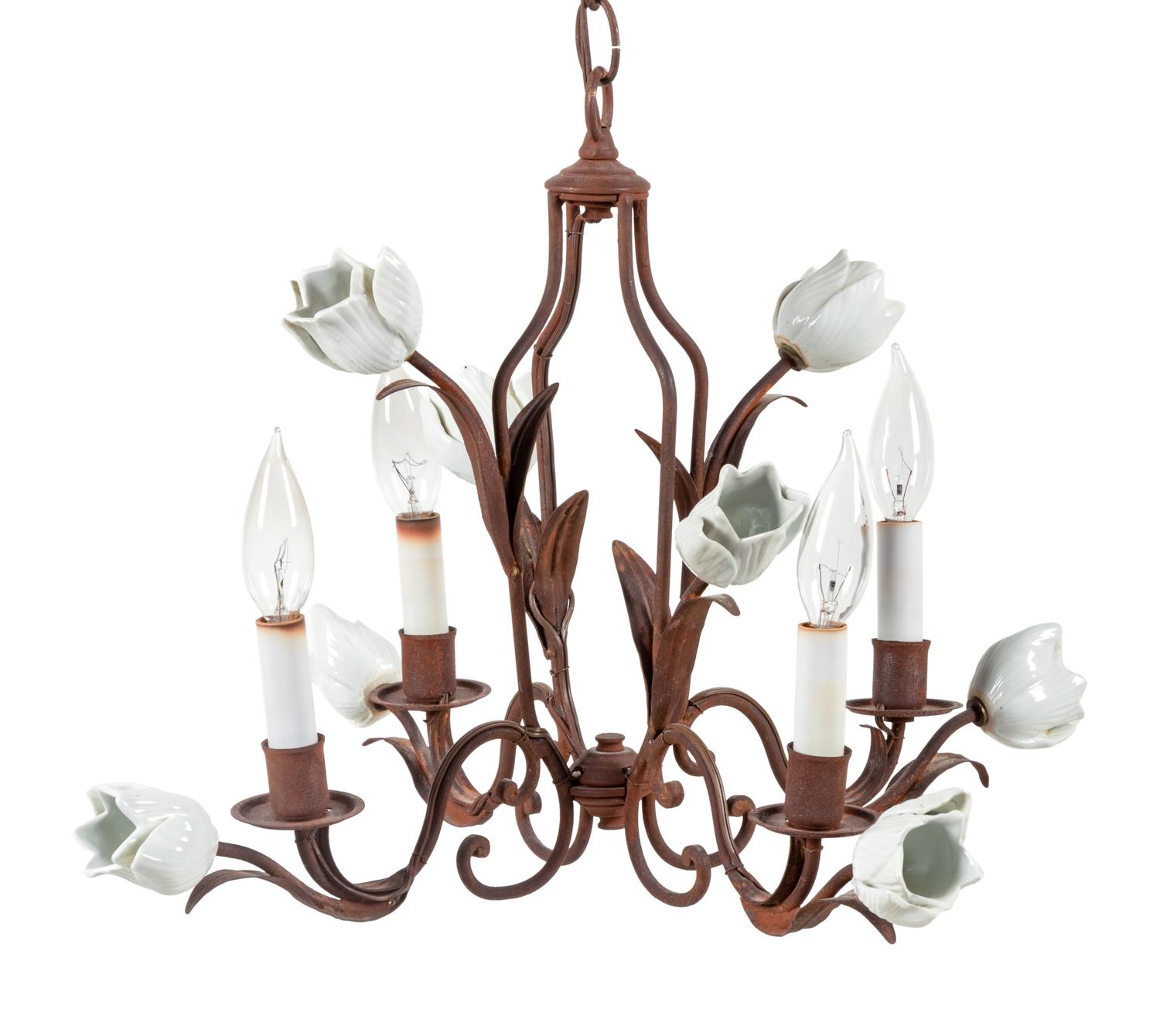 A French Opaline Glass and Tôle Four-Light Chandelier