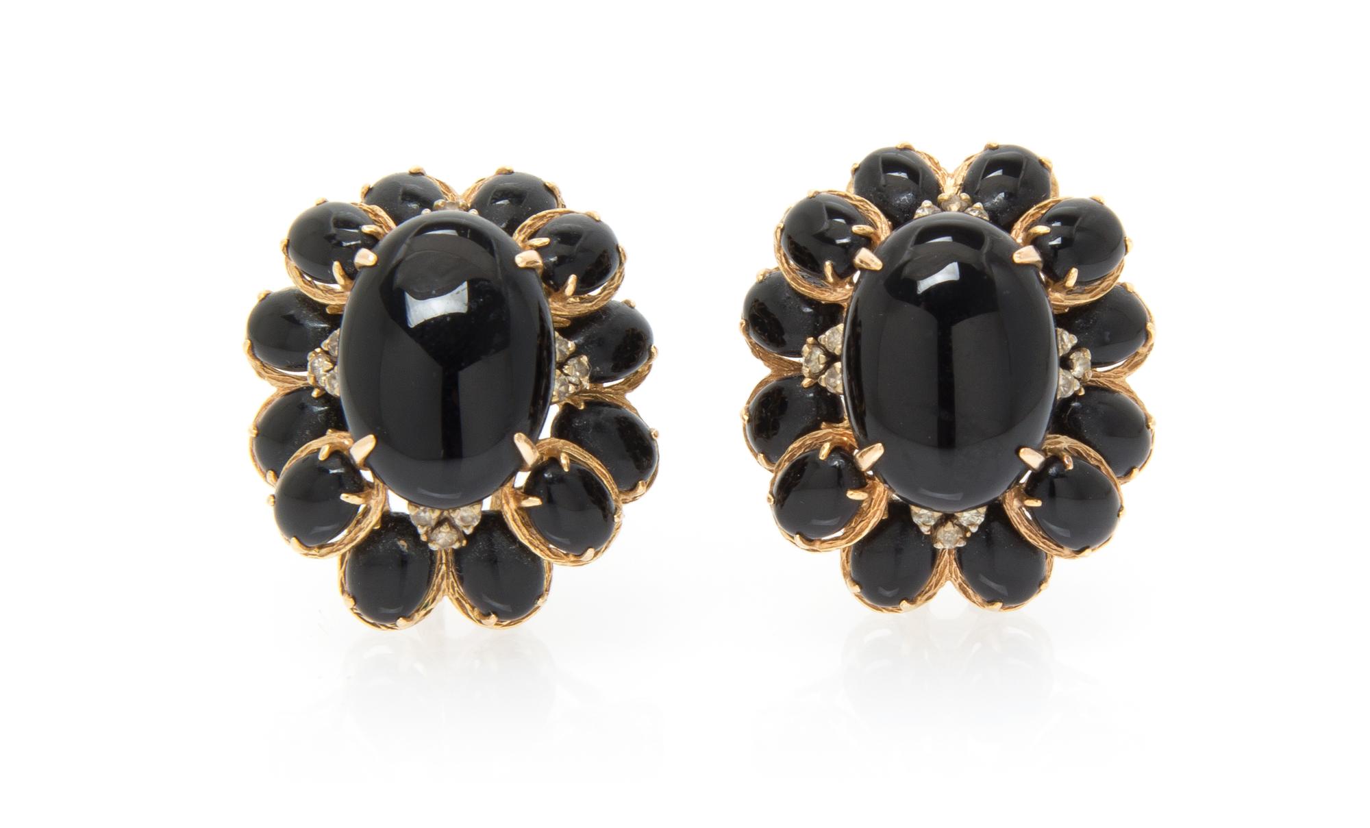 A Pair of 14 Karat Yellow Gold, Onyx and Diamond Cluster Earrings, 13.20 dwts.