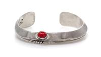 A Sterling Silver and Coral Cuff Feather Motif Cuff Bracelet, Ben Begay, Navajo, 30.20 dwts.