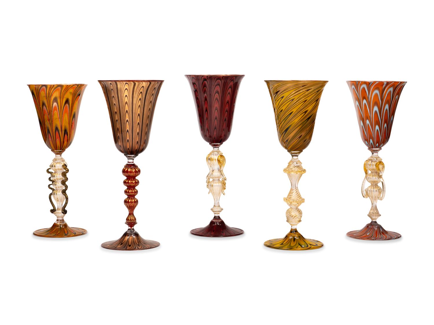A Group of Five Murano Glass Wine Stems