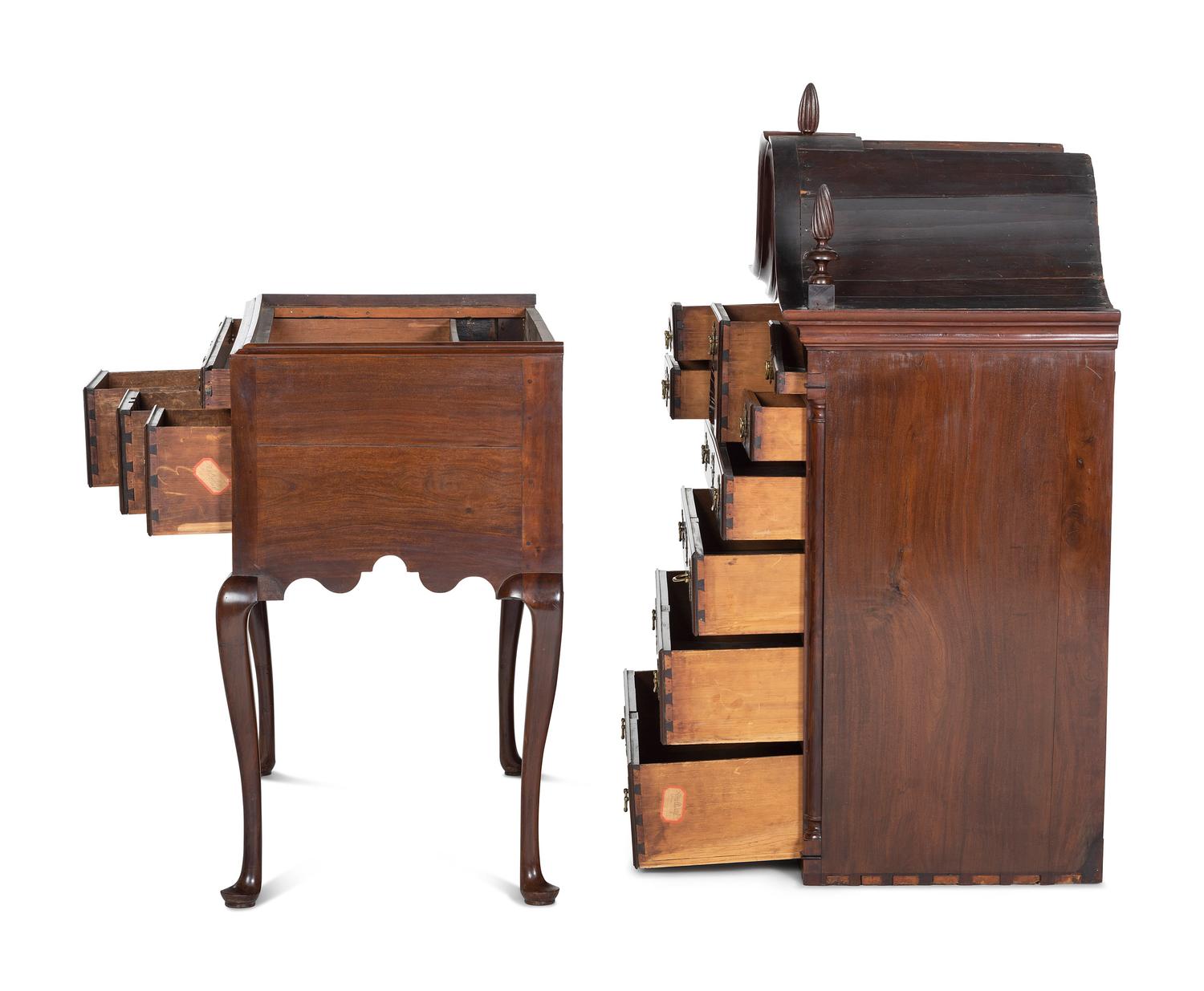 A Queen Anne Carved Mahogany Bonnet-Top High Chest of Drawers
