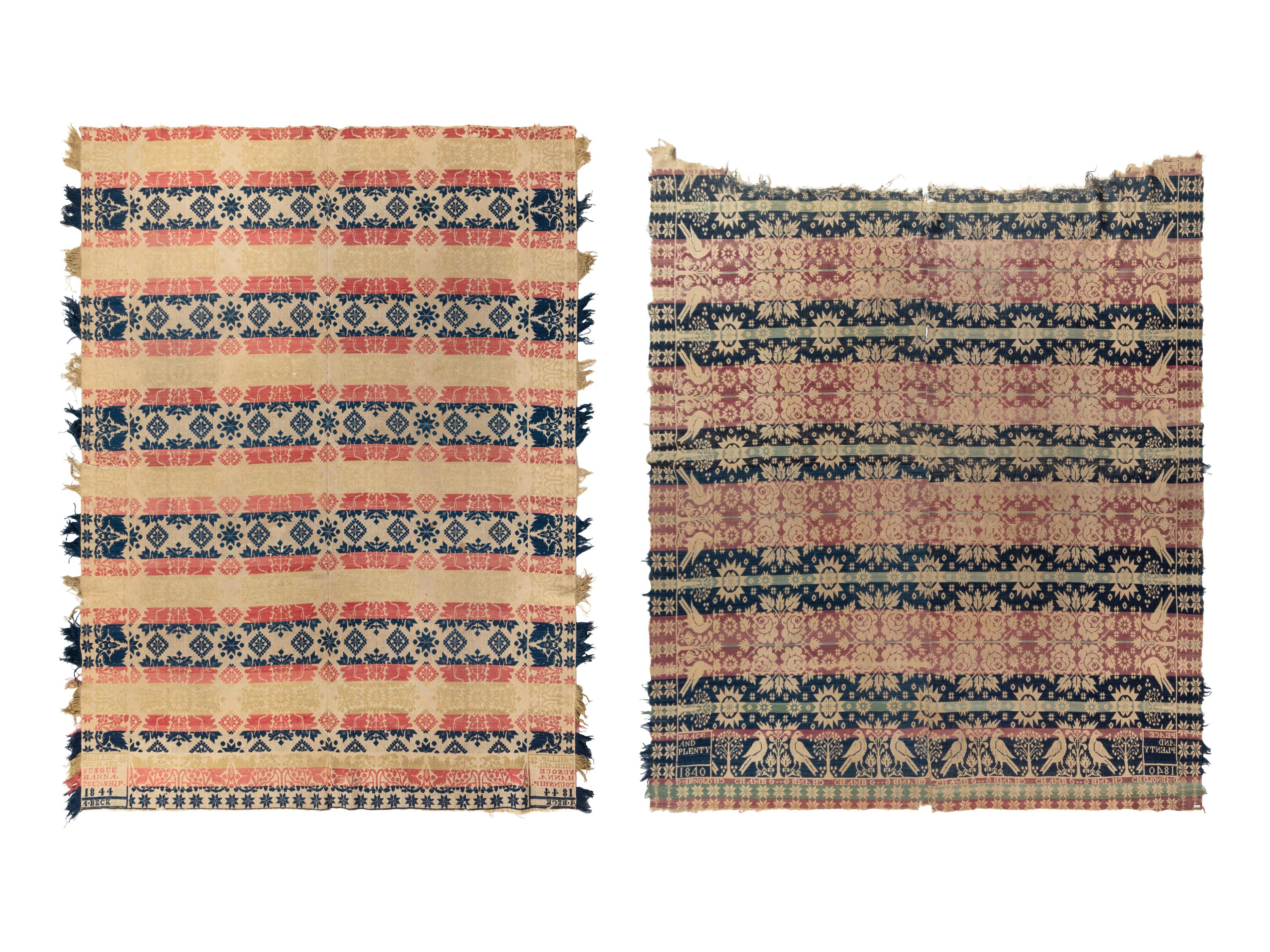 Two Jacquard Woven Cotton and Wool Coverlets