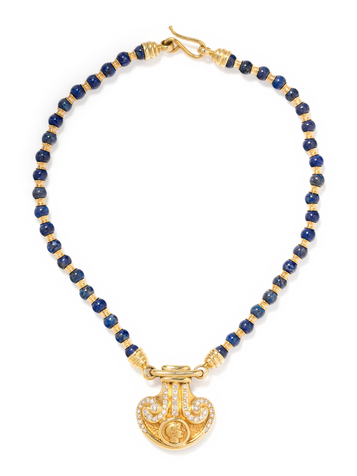 MARAMENOS & PATERAS, YELLOW GOLD, DIAMOND AND LAPIS LAZULI NECKLACE