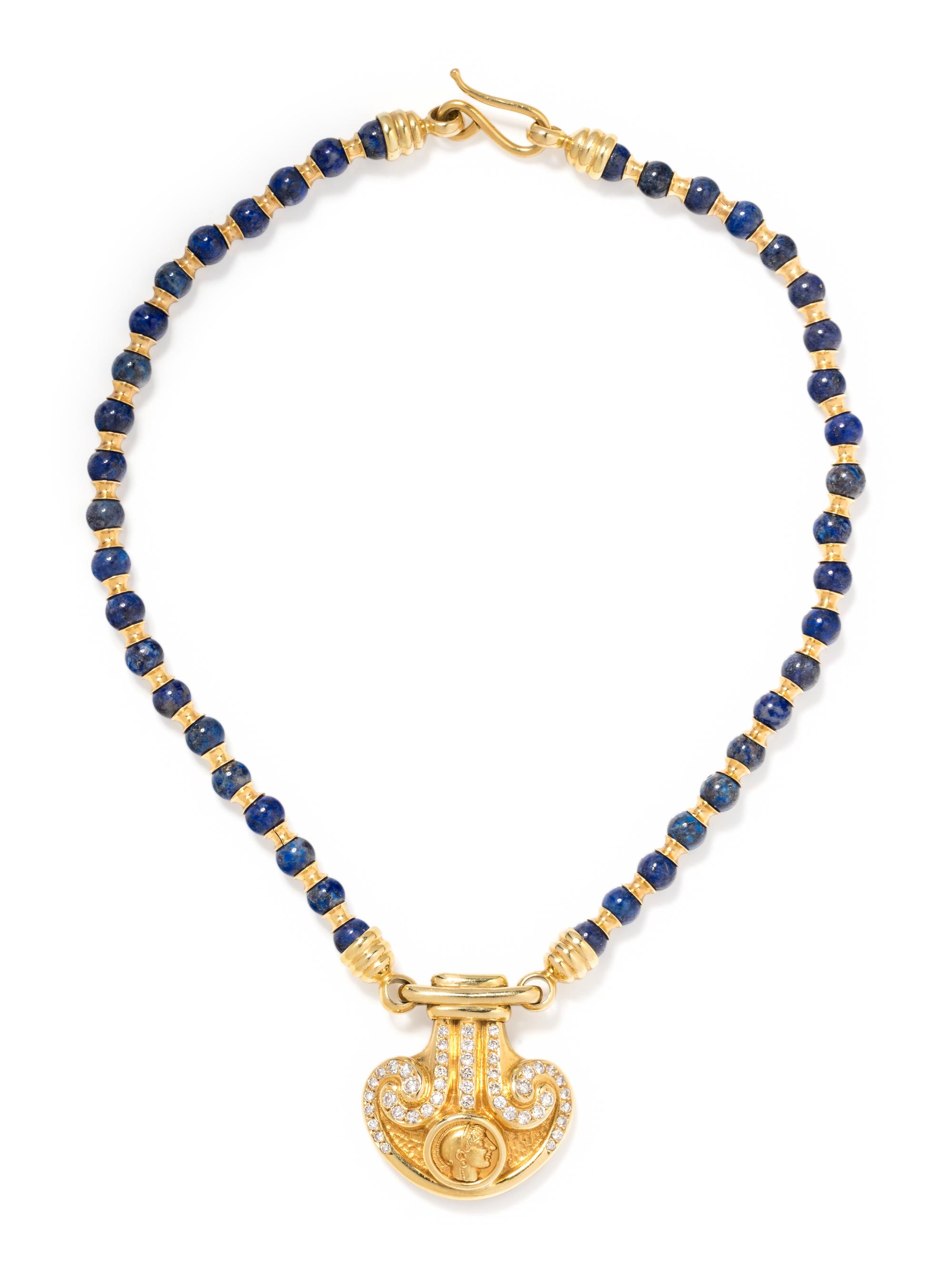 MARAMENOS & PATERAS, YELLOW GOLD, DIAMOND AND LAPIS LAZULI NECKLACE