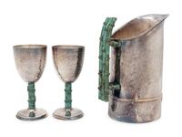 An Emilia Castillo Silver-Plate and Hardstone Mounted Water Pitcher and Two Goblets