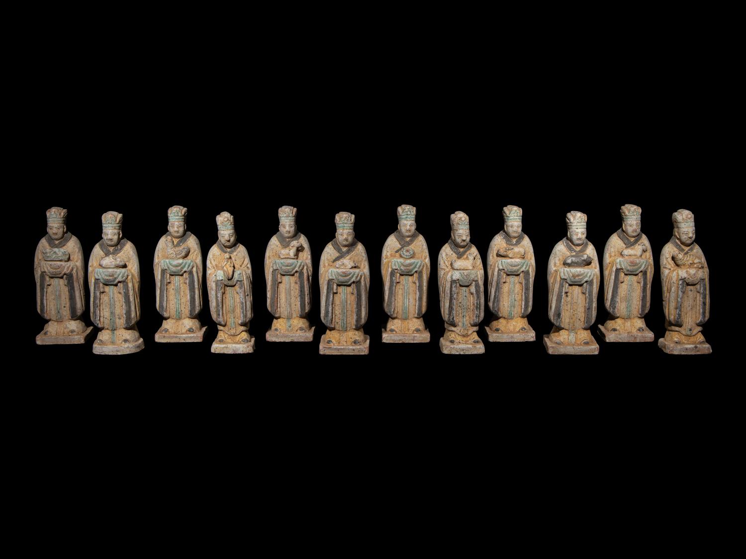 A Set of Twelve Chinese Pottery 'Zodiac' Figures, Ming Dynasty 明 陶加彩十二生肖俑一組