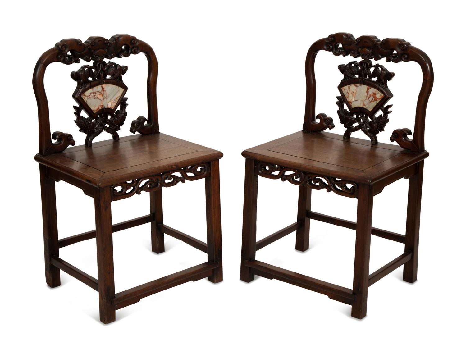 A Pair of Chinese Carved Hardwood Side Chairs with Marble Inset Back Panel