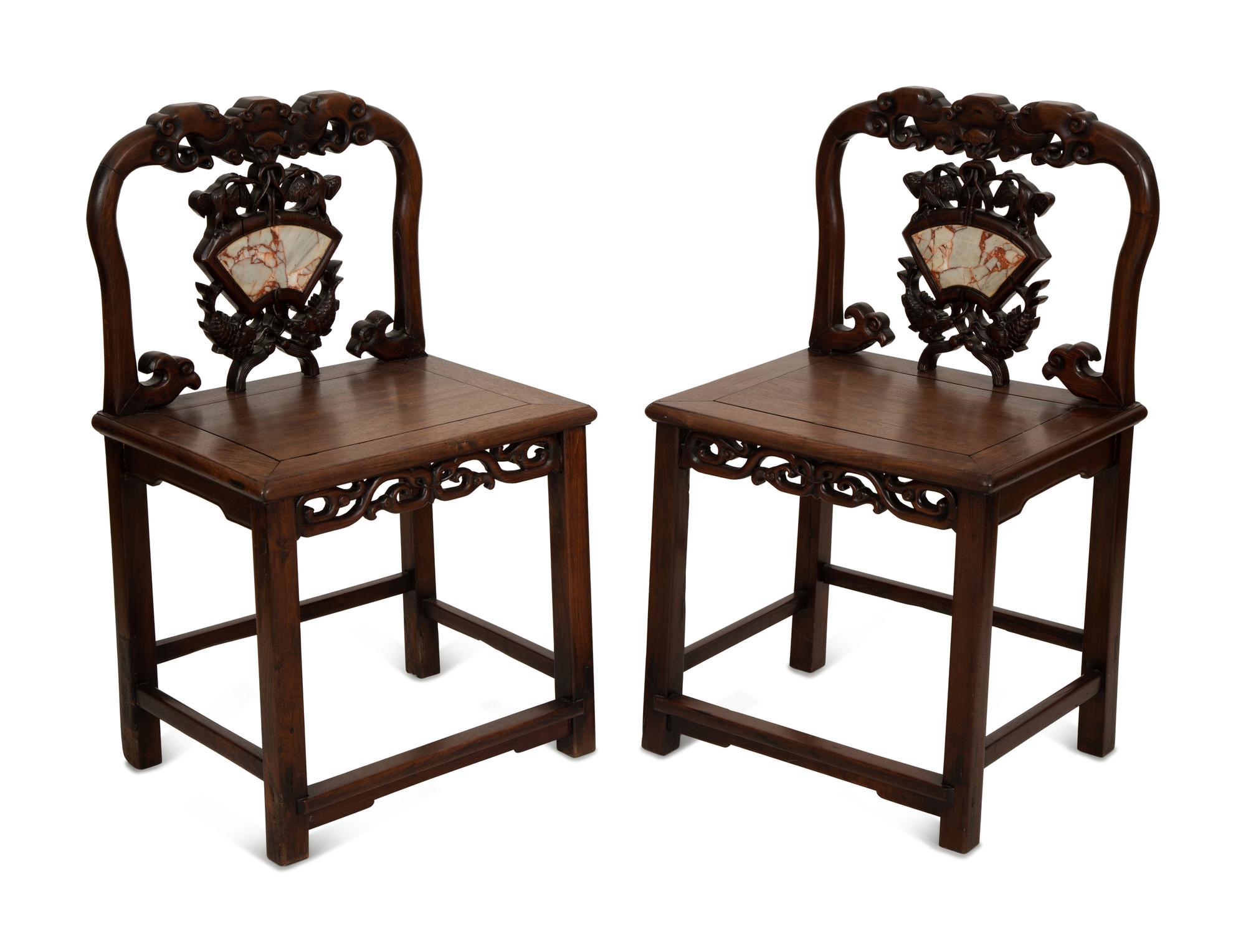 A Pair of Chinese Carved Hardwood Side Chairs with Marble Inset Back Panel