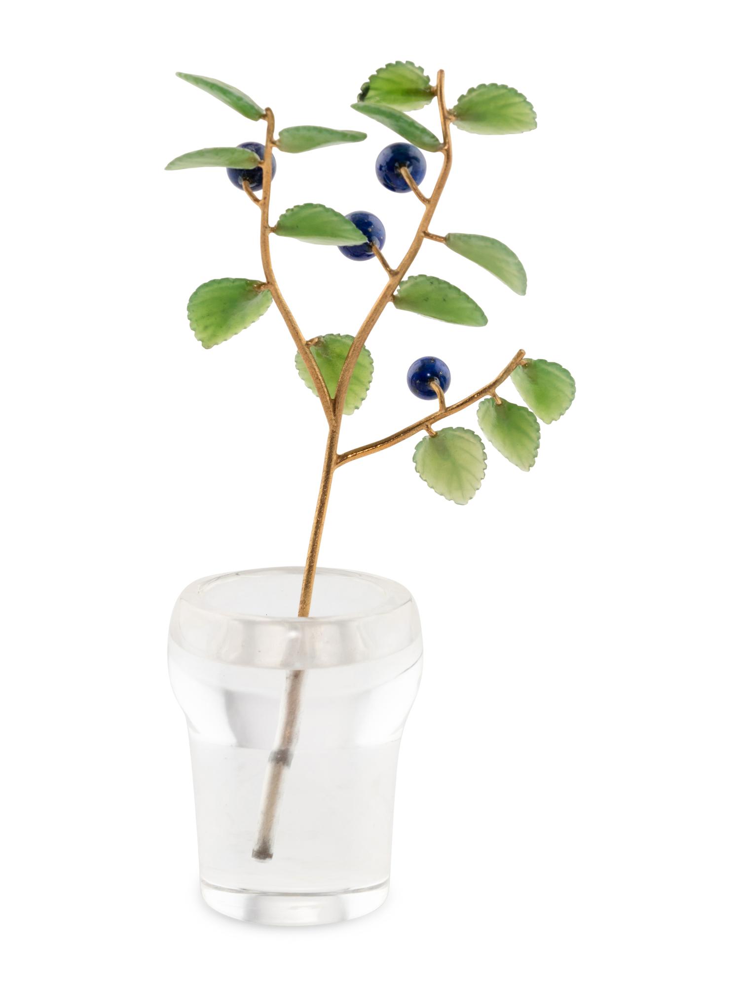 A Carved Rock Crystal, Nephrite, Lapis and 18-Karat Gold Blueberry Plant Study