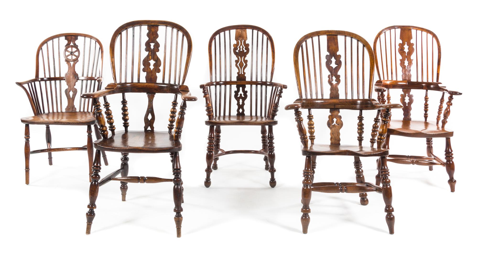 An Assembled Set of Five Elm and Yew Windsor Chairs Height 42 inches. — 19TH CENTURY