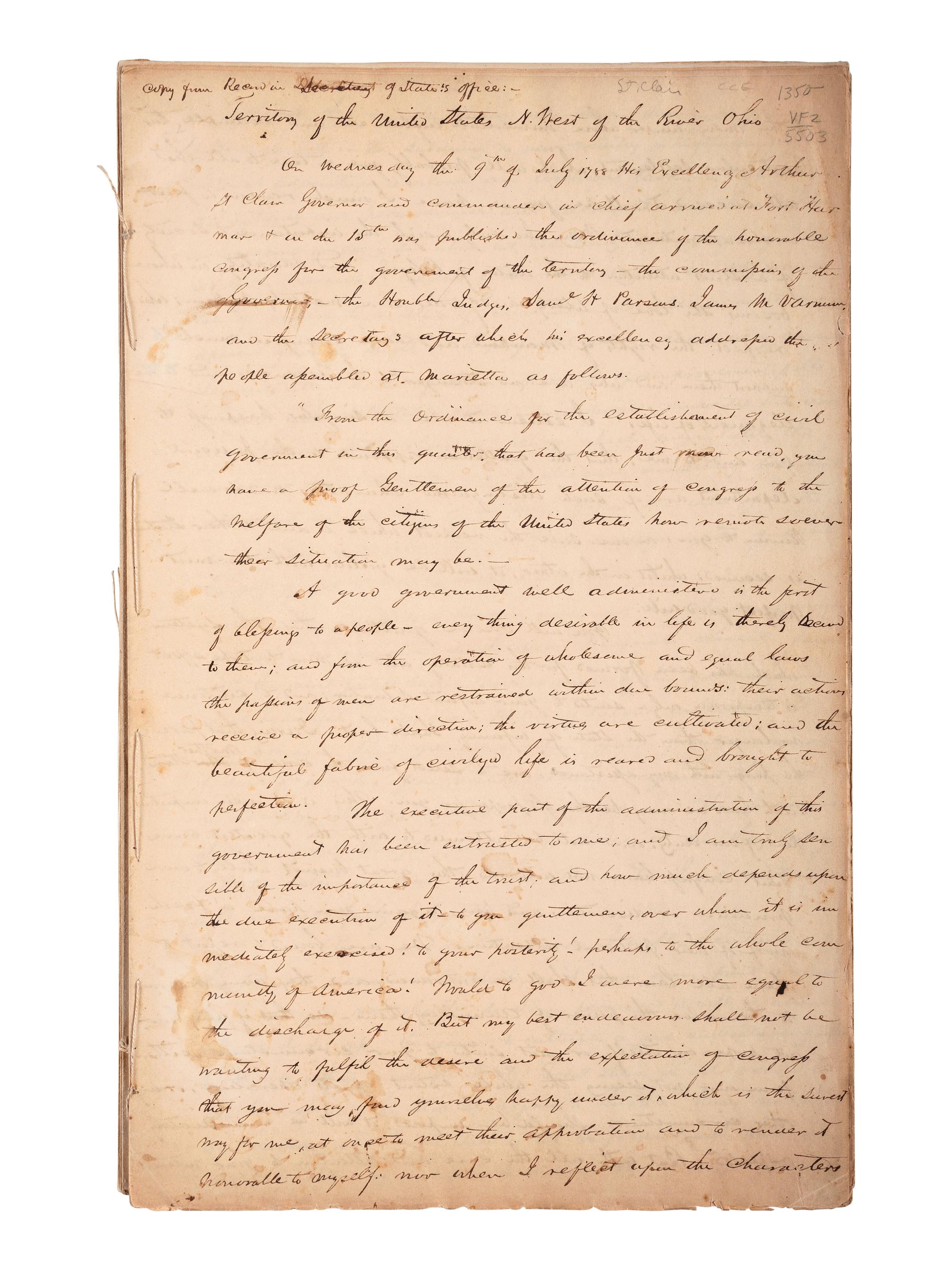 [NORTHWEST TERRITORY]. A collection of letters, orders, and proclamations of Arthur St. Clair (1737-1818) and Winthrop Sargent (1735-1820) regarding the formation of the Northwest Territory. 1788-1791.