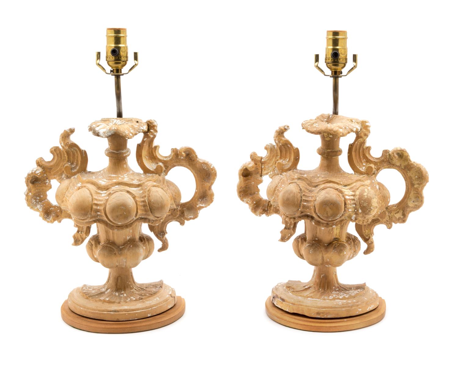 A Pair of Limed Wood Baroque Style Finials Height 18 inches.