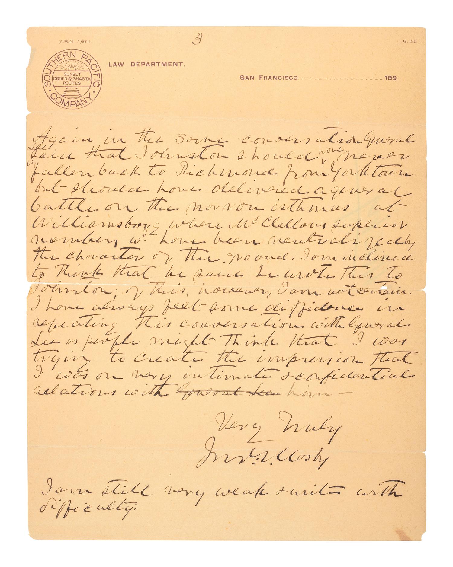 MOSBY, JOHN S. (1833-1916). ALS to General Fitzhugh Lee. San Francisco, CA, 17 December 1895. Revealing insights from conversations with General Robert E. Lee and the doctor who attended Stonewall Jackson at First Manassas.