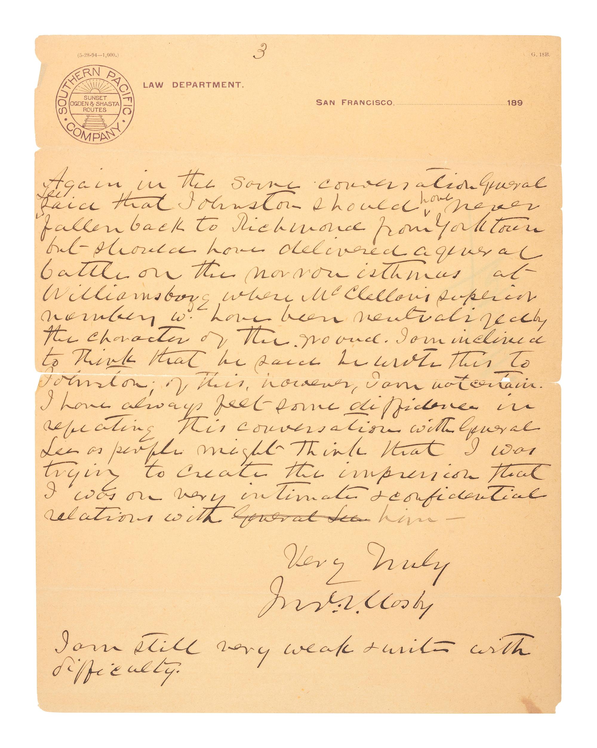 MOSBY, JOHN S. (1833-1916). ALS to General Fitzhugh Lee. San Francisco, CA, 17 December 1895. Revealing insights from conversations with General Robert E. Lee and the doctor who attended Stonewall Jackson at First Manassas.