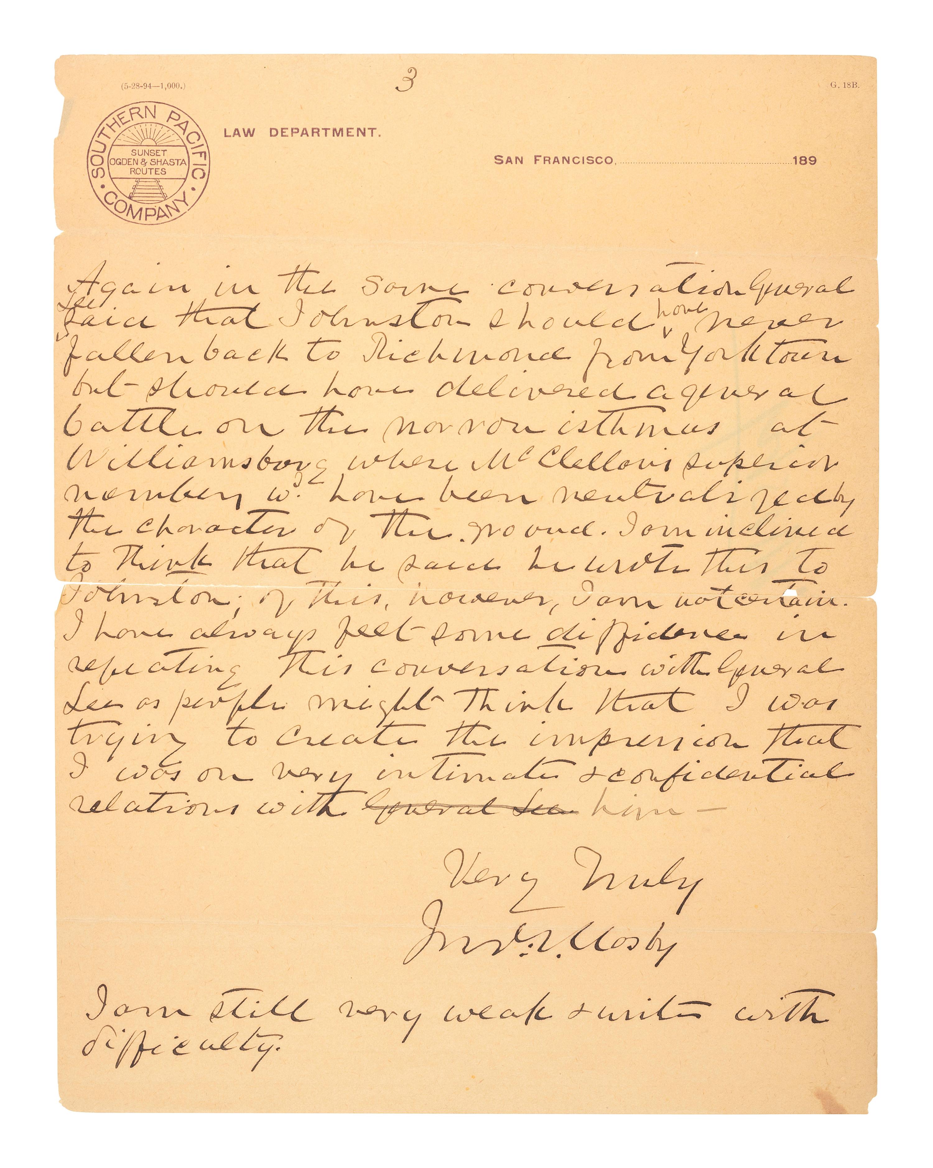 MOSBY, JOHN S. (1833-1916). ALS to General Fitzhugh Lee. San Francisco, CA, 17 December 1895. Revealing insights from conversations with General Robert E. Lee and the doctor who attended Stonewall Jackson at First Manassas.