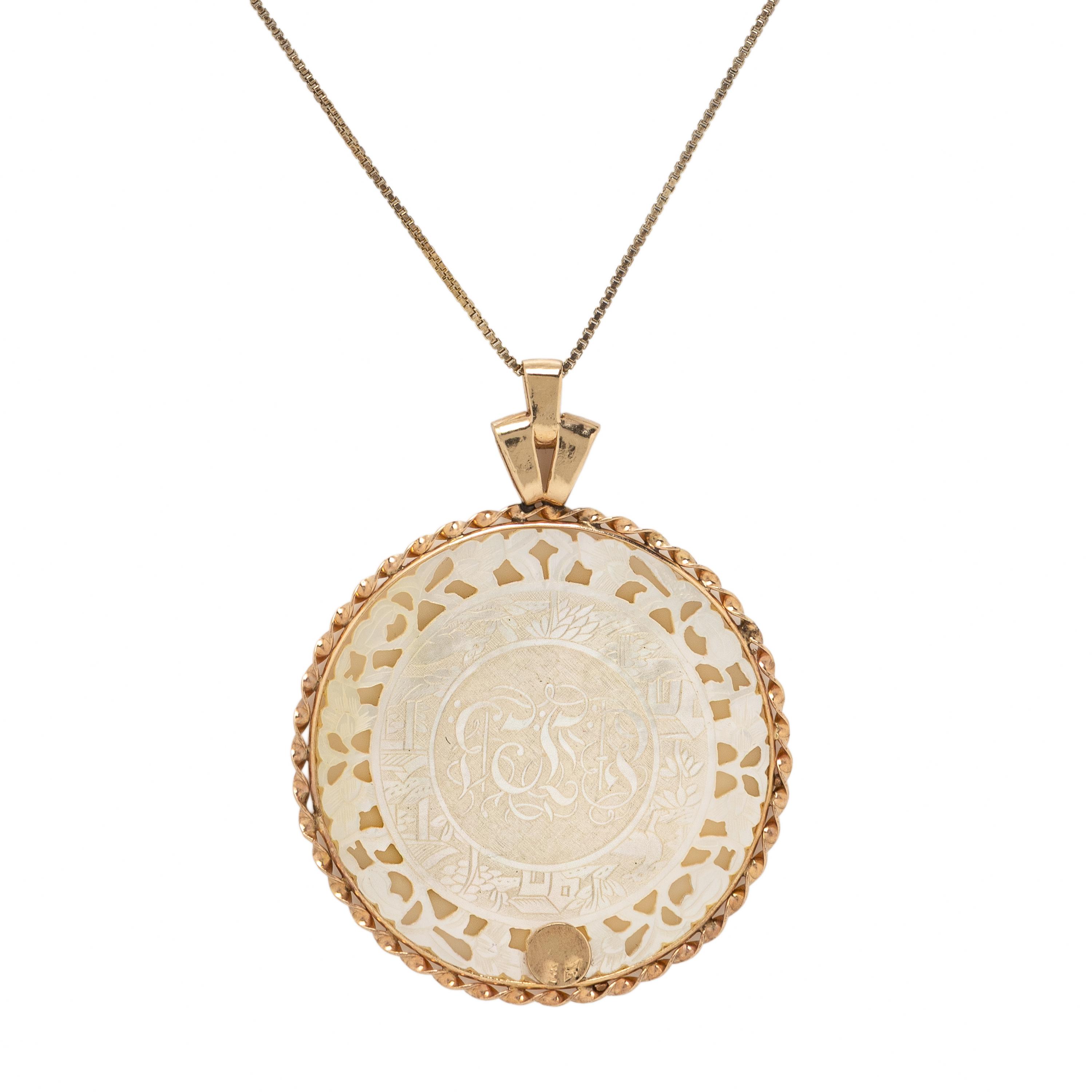 Donna Chambers, Chinese Mother-of-Pearl Gaming Counter and Yellow Gold Necklace and Earrings