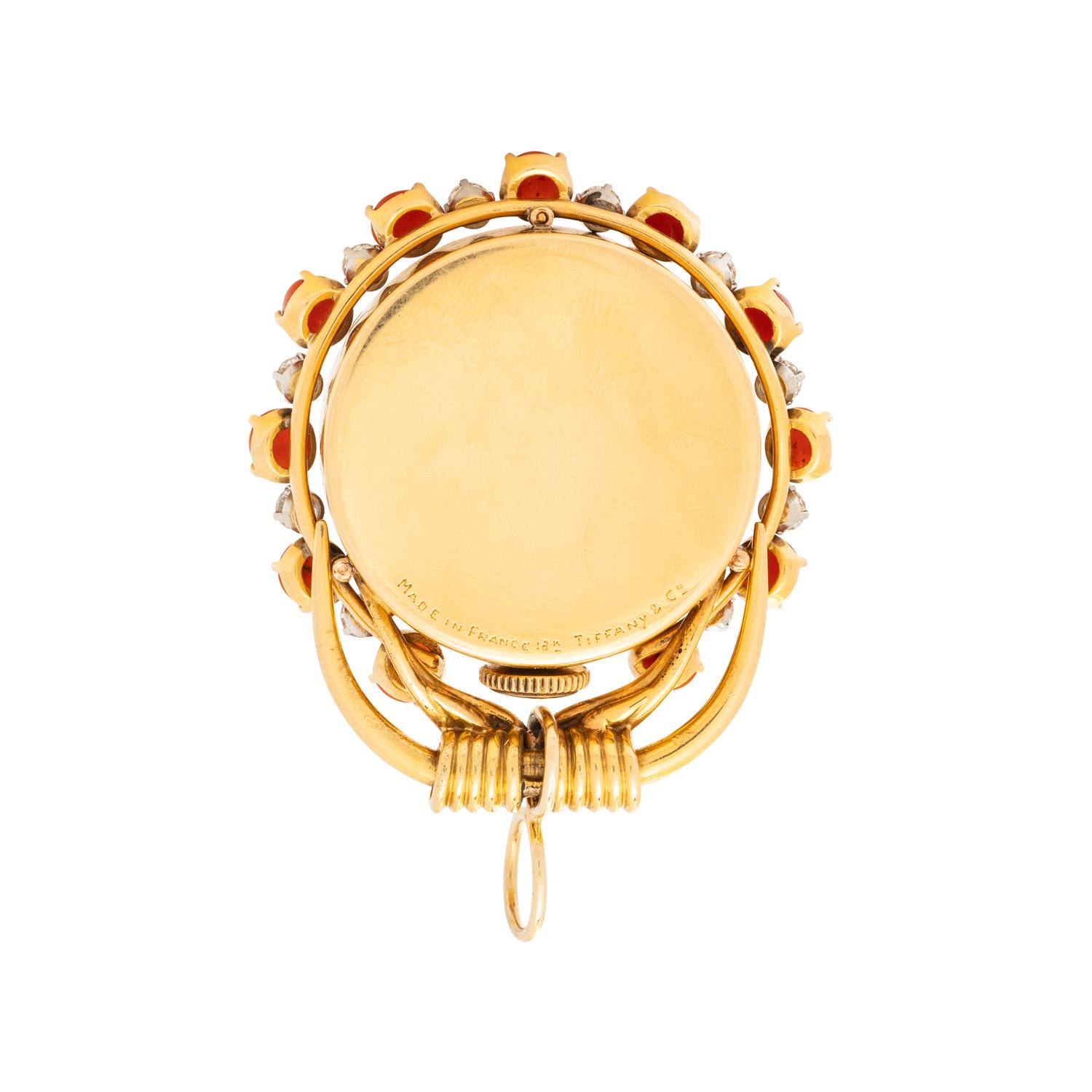 TIFFANY & CO., FRENCH, RETRO, YELLOW GOLD, DIAMOND AND CORAL TRAVEL CLOCK/PENDANT