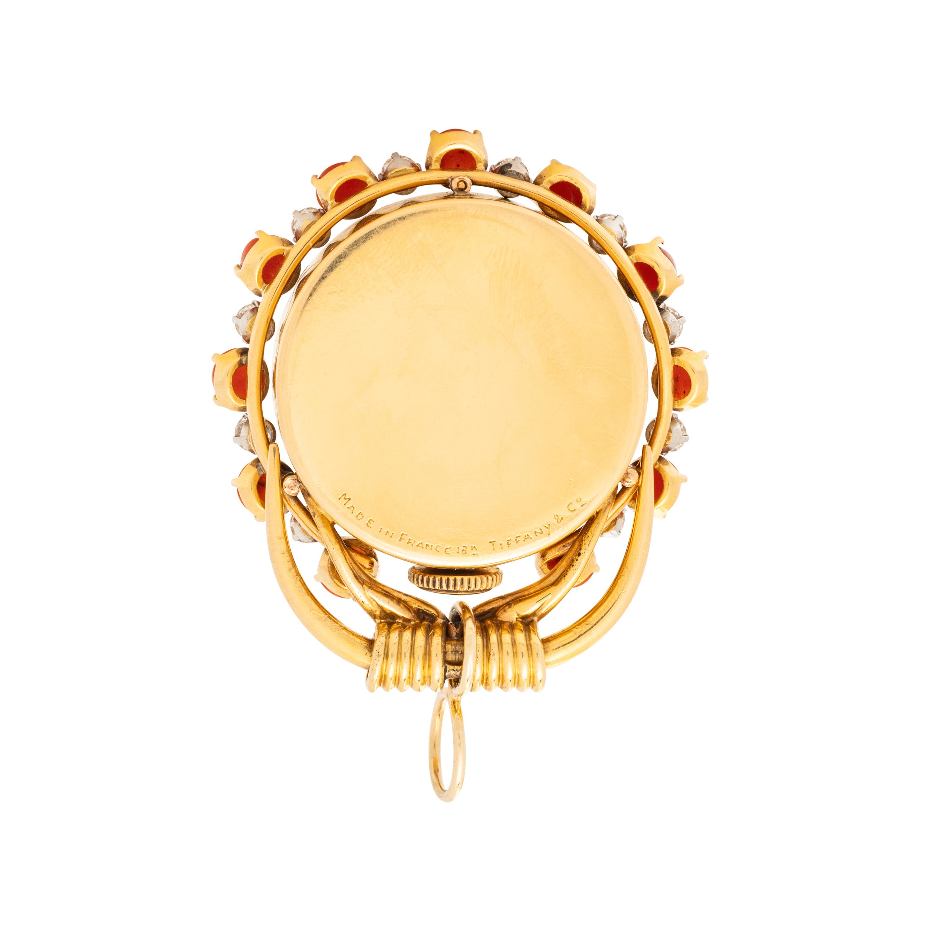 TIFFANY & CO., FRENCH, RETRO, YELLOW GOLD, DIAMOND AND CORAL TRAVEL CLOCK/PENDANT