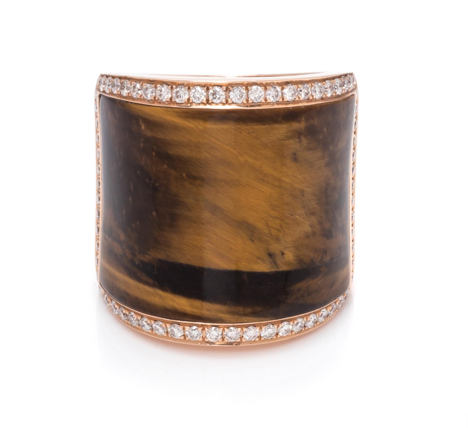 An 18 Karat Rose Gold, Tiger's Eye and Diamond Ring,