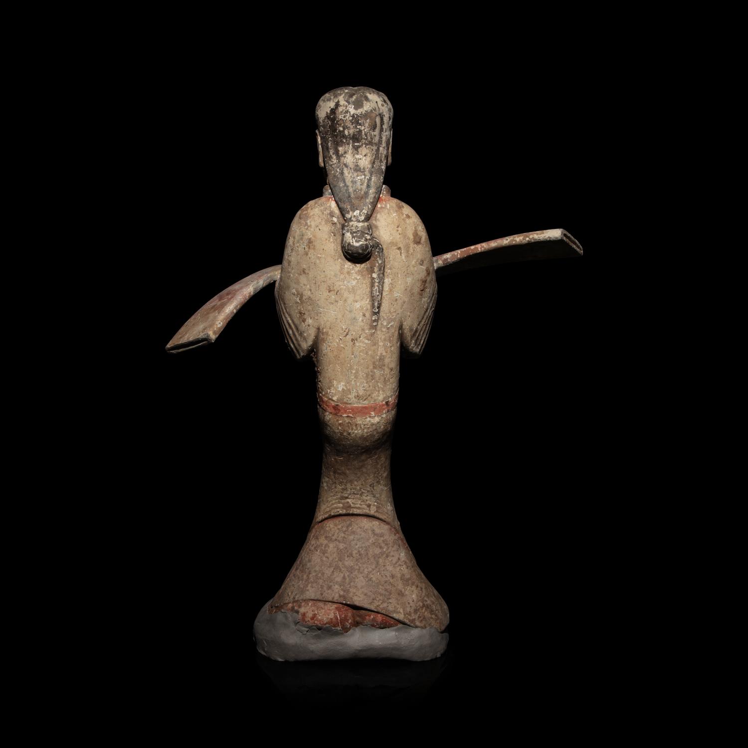 A Chinese Painted Pottery Dancing Lady with Long Sleeves, Han Dynasty — 漢 陶加彩舞女俑
