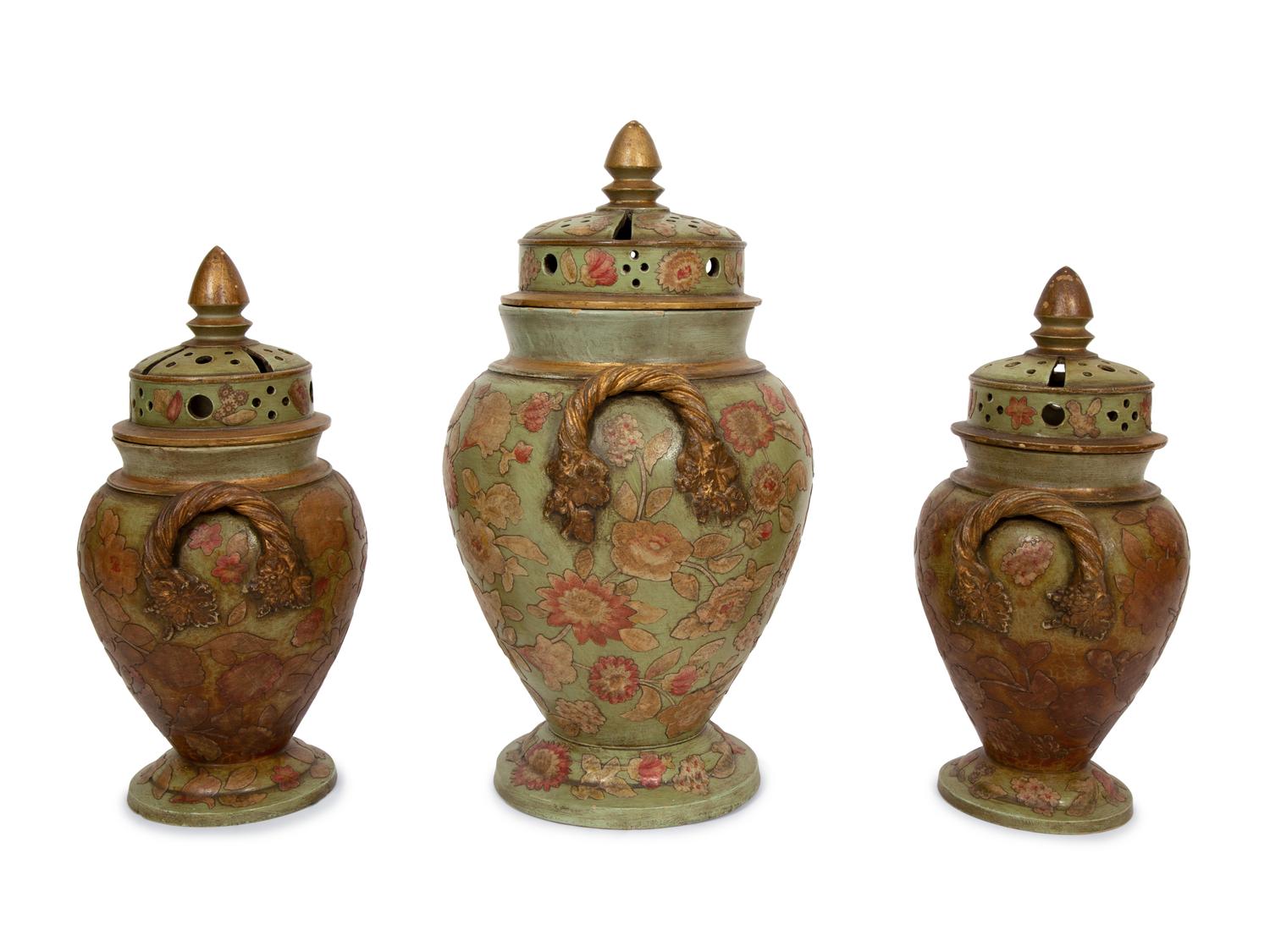 A Continental Green Glazed Ceramic and Canvas Appliqué Vase Garniture