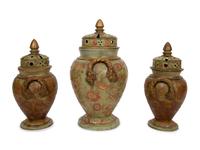 A Continental Green Glazed Ceramic and Canvas Appliqué Vase Garniture