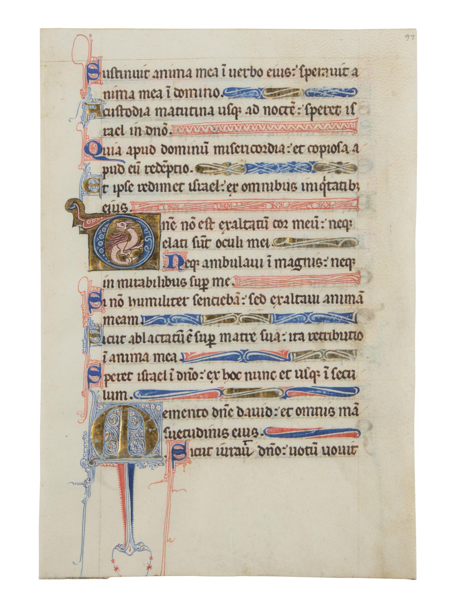 NORTHERN FRENCH ILLUMINATOR Leaf from a Psalter with an inhabited initial ‘D’ from the beginning of Psalm 130, and a decorated initial ‘M’, in Latin, illuminated manuscript on parchment [France or Paris, c. 1200-1250]