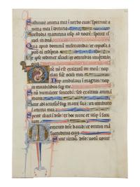 NORTHERN FRENCH ILLUMINATOR Leaf from a Psalter with an inhabited initial ‘D’ from the beginning of Psalm 130, and a decorated initial ‘M’, in Latin, illuminated manuscript on parchment [France or Paris, c. 1200-1250]